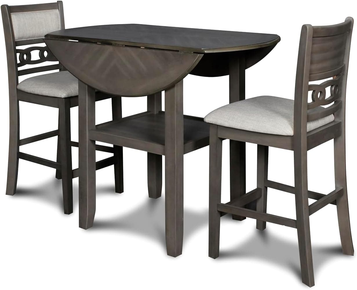New Classic Furniture Gia 3-Piece Drop Leaf Counter Table Set with 2 Chairs, 42-Inch, Gray