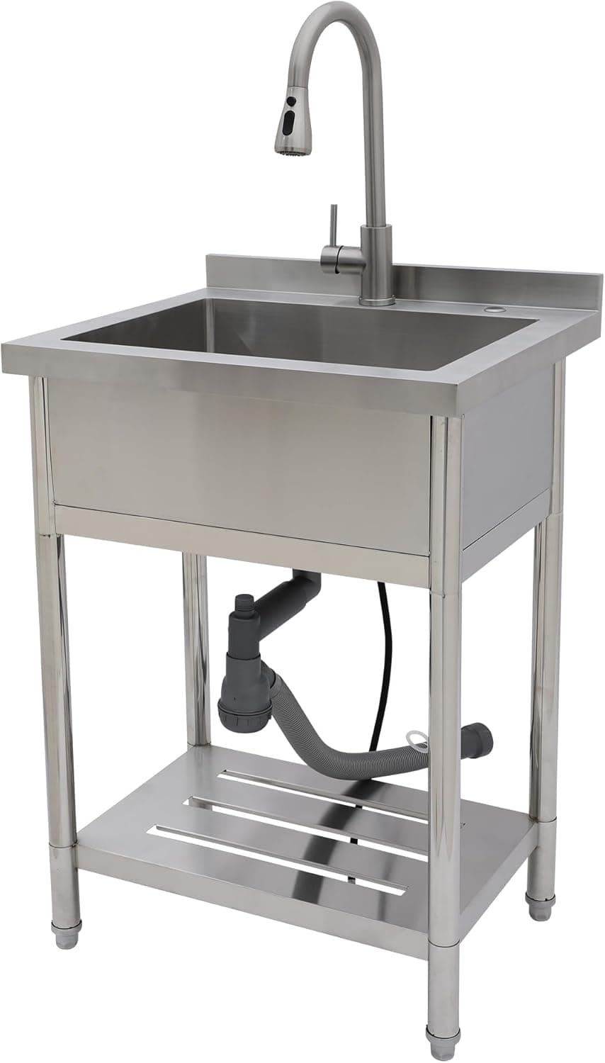 Lordear Stainless Steel Utility Sink 24 Inch - 24"x21" Freestanding Stainless Steel Kitchen Sink Single Bowl Commercial and Residential Use for Laundry Room Garage Outdoor and Kitchen