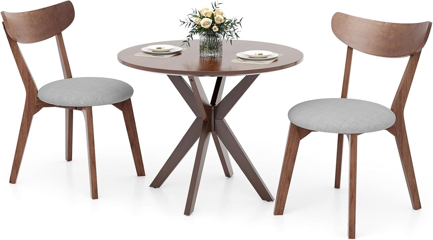 NAFORT Round Dining Table Set for 2, Mid-Century Modern Bistro Table and Chairs, Wood Kitchen Table w/Cushioned Chairs, Compact 3 Piece Dinette Set for Office, Small Spaces, Kitchen, Breakfast Nook