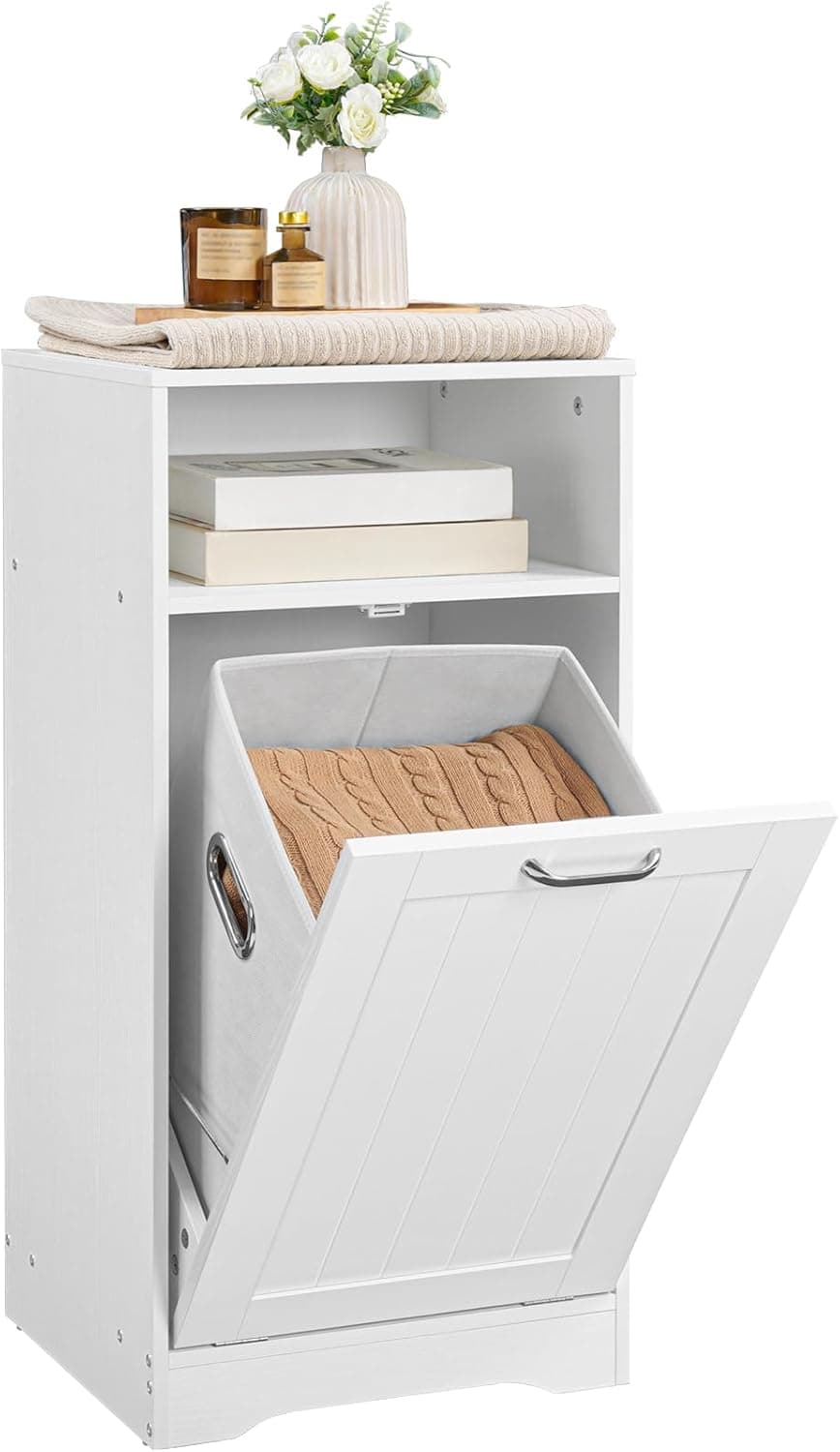 HOOBRO Tilt Out Laundry Hamper Cabinet, Bathroom Laundry Cabinet with Hidden Basket, Farmhouse Laundry Hamper with Open Shelving, 15.7" x 14.1" x 31.9", White WT40XY01