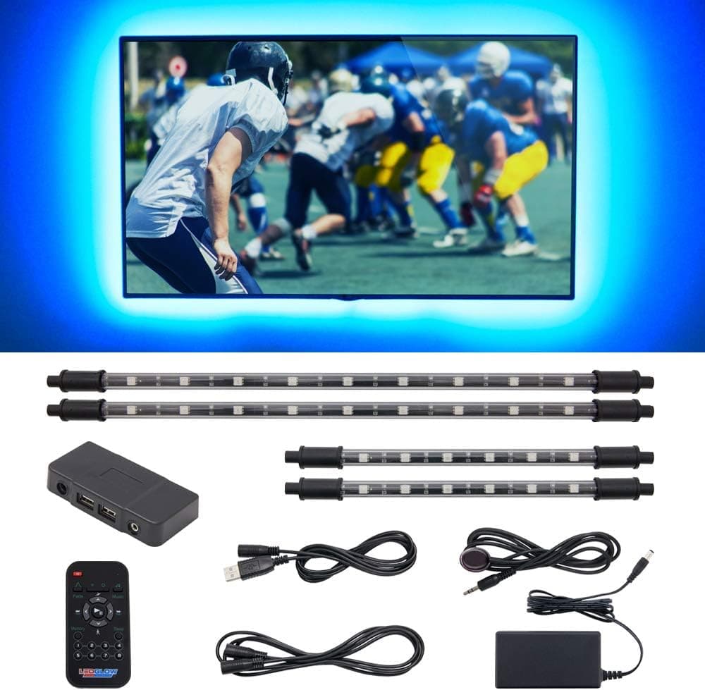 LEDGlow 4pc Million Color LED Home Theater TV Accent Bias Lighting Kit - (2) 15" & (2) 9" Multi-Color Light Tubes Mount Behind The Television - Includes Control Box & Remote