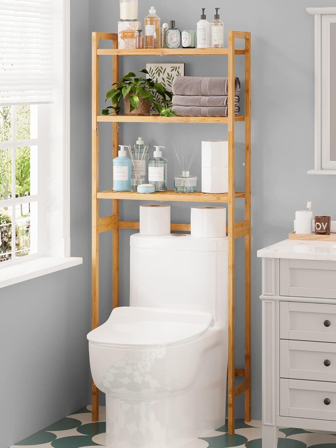 AMBIRD Over The Toilet Storage, 3-Tier Bathroom Organizer Over Toilet with Sturdy Bamboo Shelves,Multifunctional Toilet Shelf,Easy to Assemble and Saver Space, 25 * 10 * 64 Inches (Original Color)