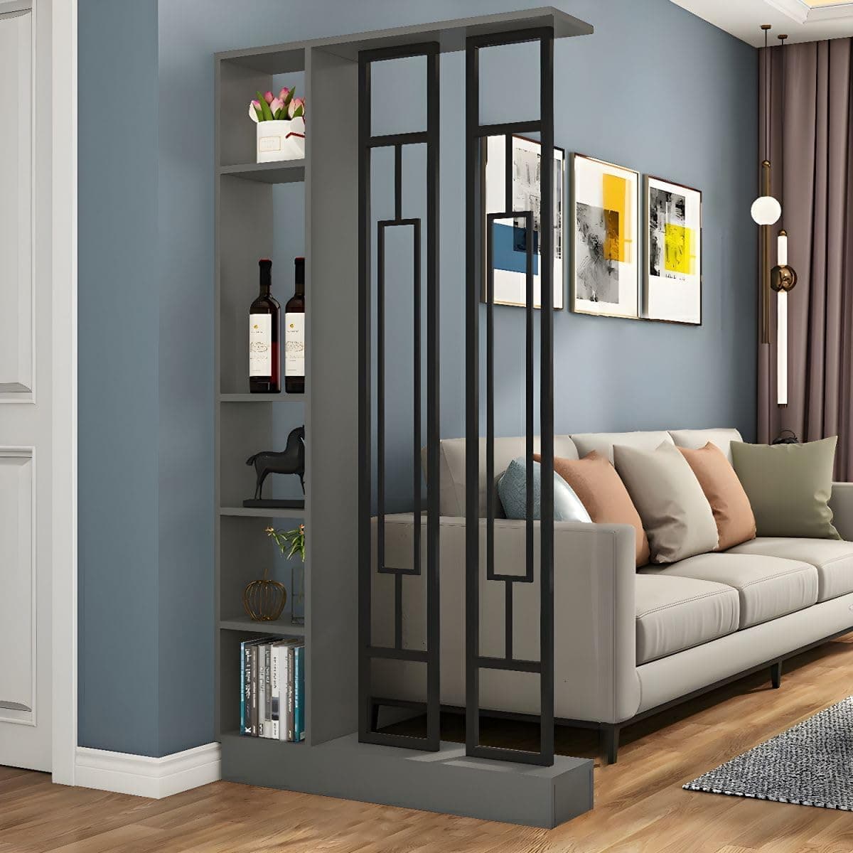 CraftThink Wall Room Divider, Modern Wood Bookshelf with Translucent Screens and Multiple Shelves, Storage Cabinet Display Storage for Home Office Decorative, 31.5" L x 80" H Gray-Black