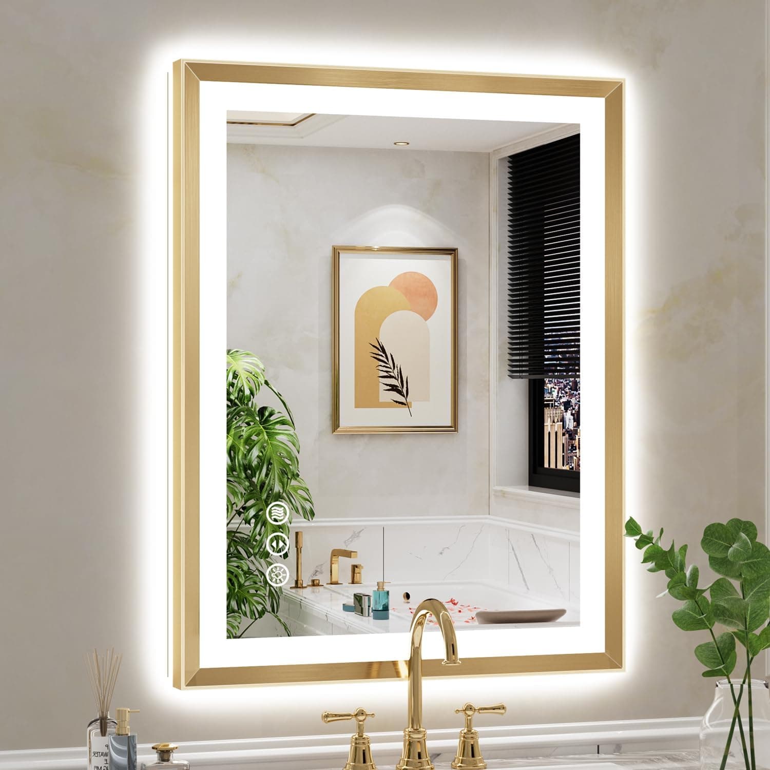 28x36 Gold Framed LED Bathroom Mirror with Lights, Backlit and Front Light, Lighted Bathroom Vanity Mirror for Wall Dimmable Anti-Fog Memory Tempered Glass Horizontal/Vertical