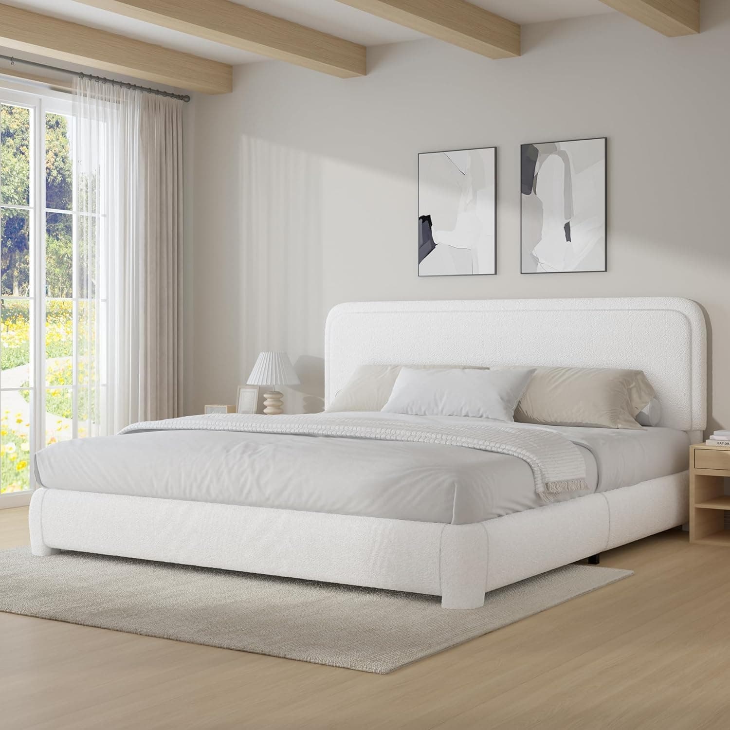 Boucle Upholstered Bed Frame King Size/Soft Rounded Corners Headboard/Low Profile Bed Frame/No Box Spring Needed/White