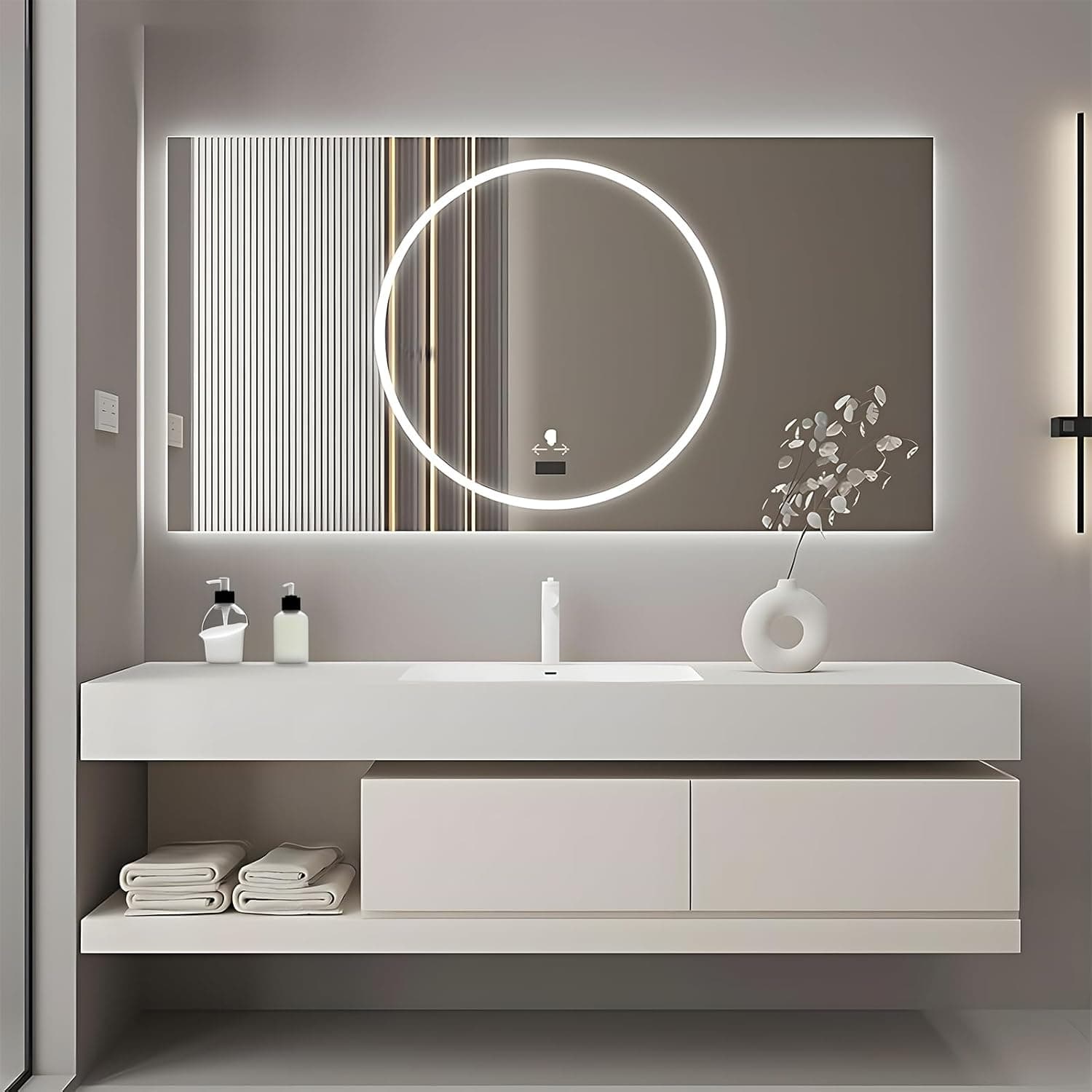 Floating Bathroom Vanity 48inch, Single Sink Bathroom Vanity with Smart LED Defogging Mirror, Slate Countertop and Ceramic Sink, Modern Bathroom Cabinet with Open Storage and Soft-Close Drawers