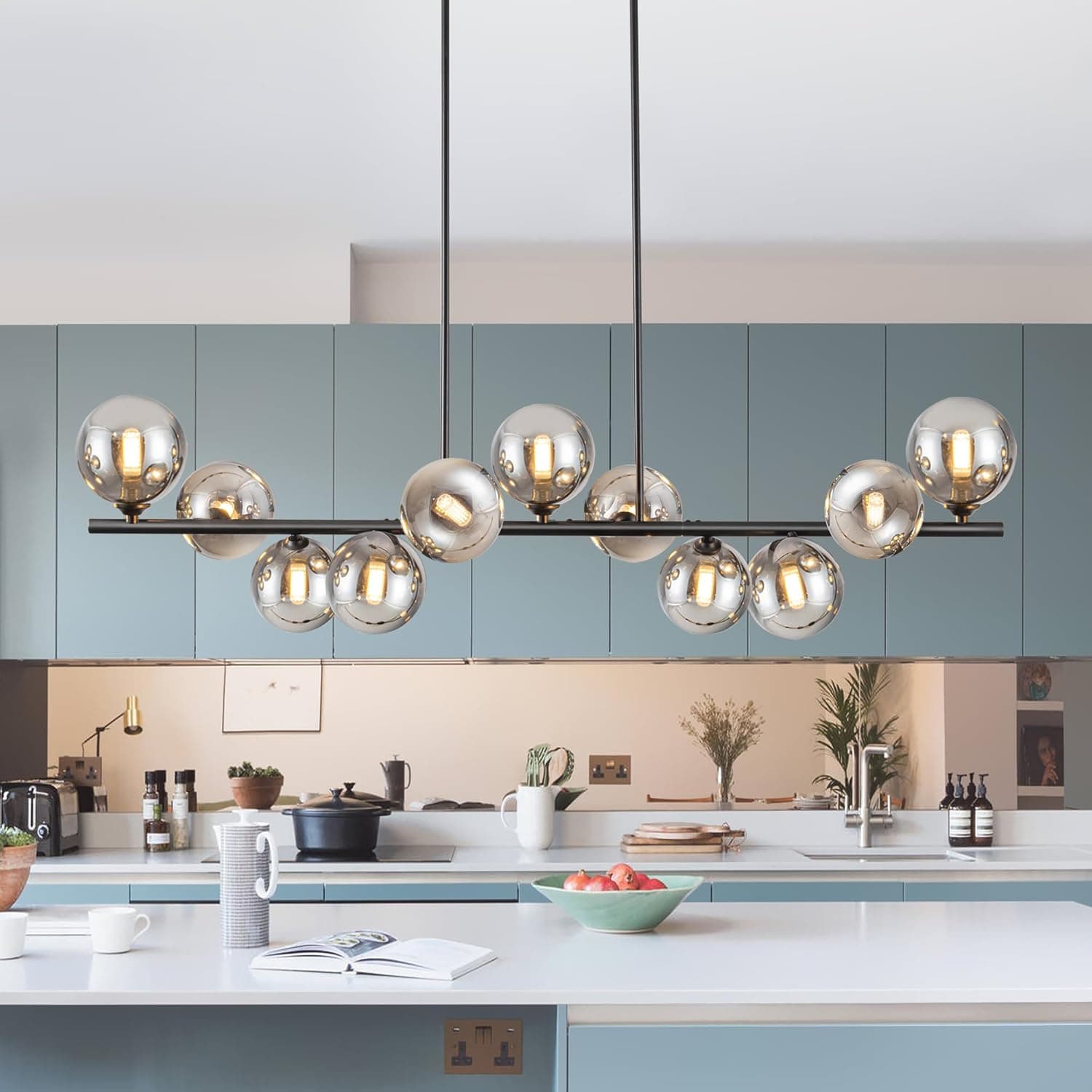 Linear Chandeliers for Dining Room 51.2" Large Sputnik Chandelier Pendant Lights Kitchen Island 11 Lights Dining Room Light Fixture Sputnik Modern Linear Globe Chandelier Black for Farmhouse Kitchen