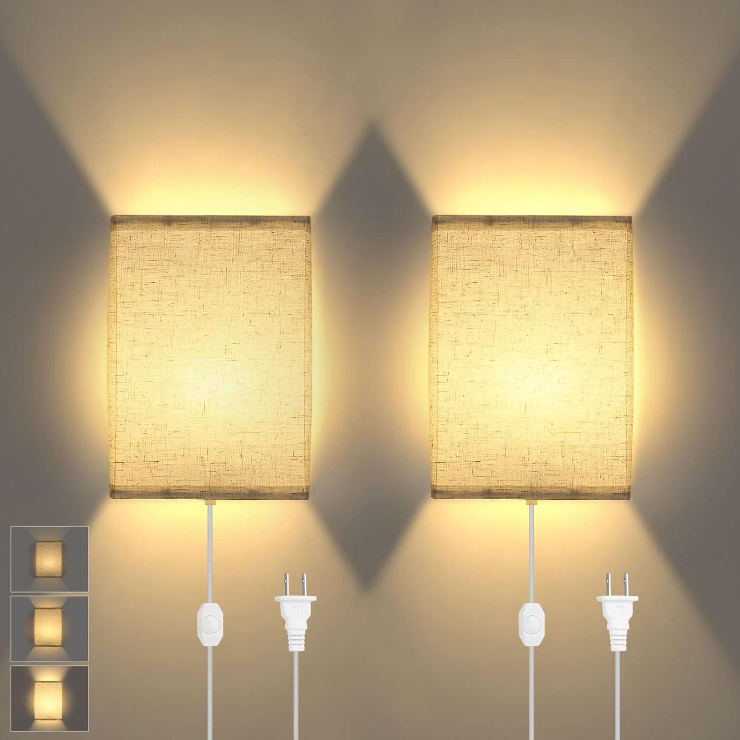 Lightess Plug in Wall Sconces Set of 2, Wall Lamp with On/Off Switch, Plug in Wall Light with Fabric Shades, Dimmable Wall Lamps for Bedroom, Living Room