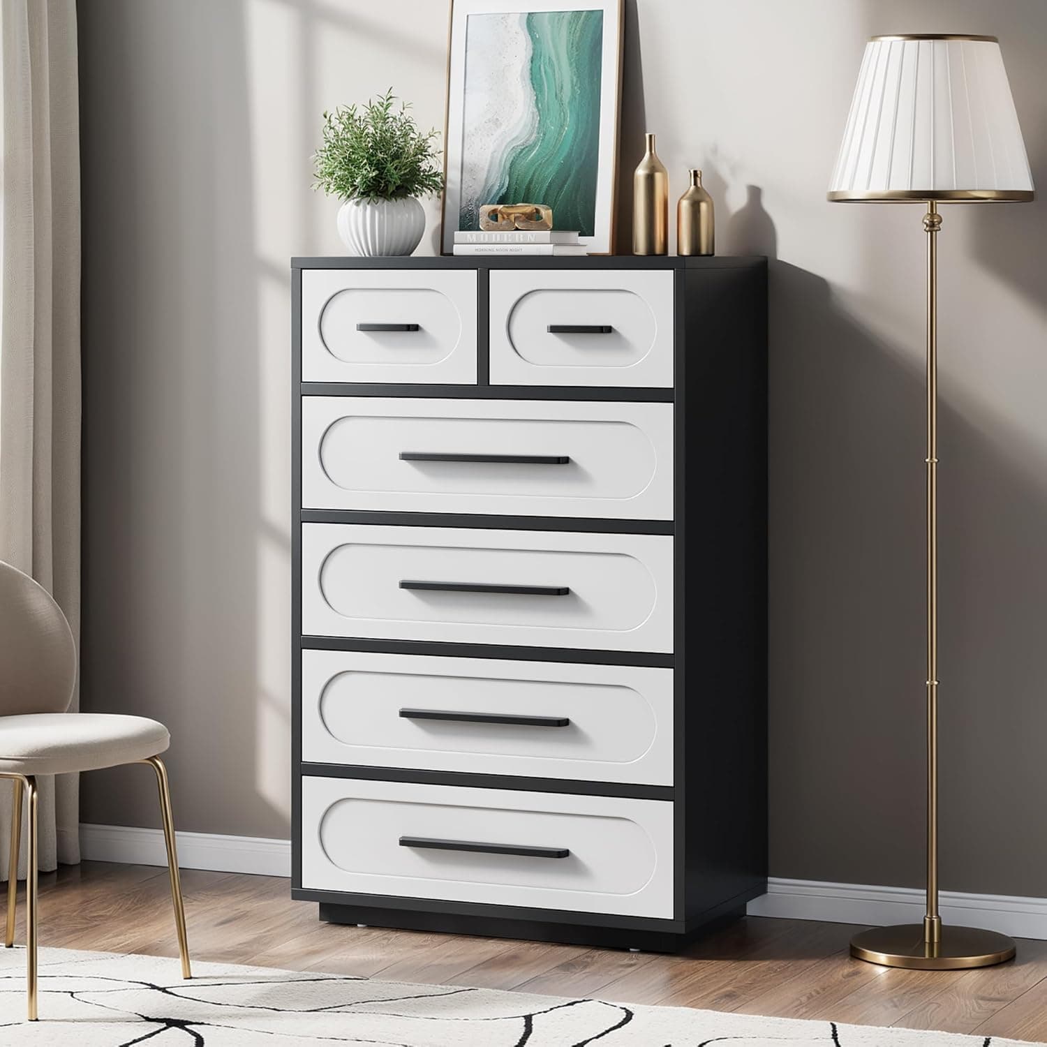 White Dresser for Bedroom, Modern 6 Drawer Dresser with Solid Wood Handle, Wood Chest of Drawers, 44" Tall Bedroom Storage Cabinet, Closet Organizer for Living Room, Hallway