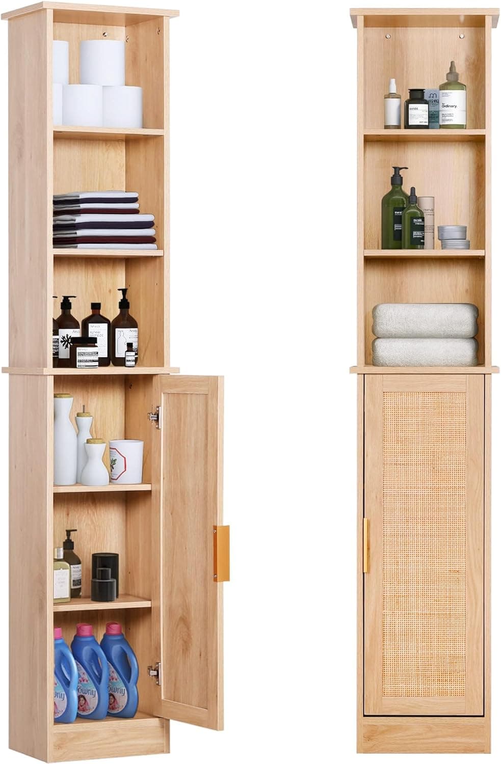65'' Tall Bathroom Storage Cabinet Organizer Wood Slim Floor Freestanding Cabinet Linen Tower with Door & 6 Shelves, w/Adjustable Shelves for Home, Bathroom, Kitchen (Natural)