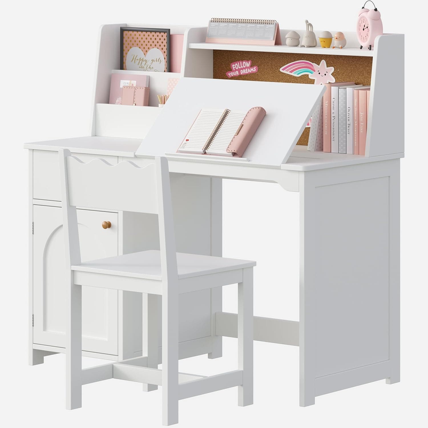 Treocho Kids Study Desk and Chair Set, Kids Desks with Hutch and Tiltable Desktop for 5-12 Years Old, Wooden Children Study Table with Fabric Drawers, Student Writing Desk Bedroom, Home School，White