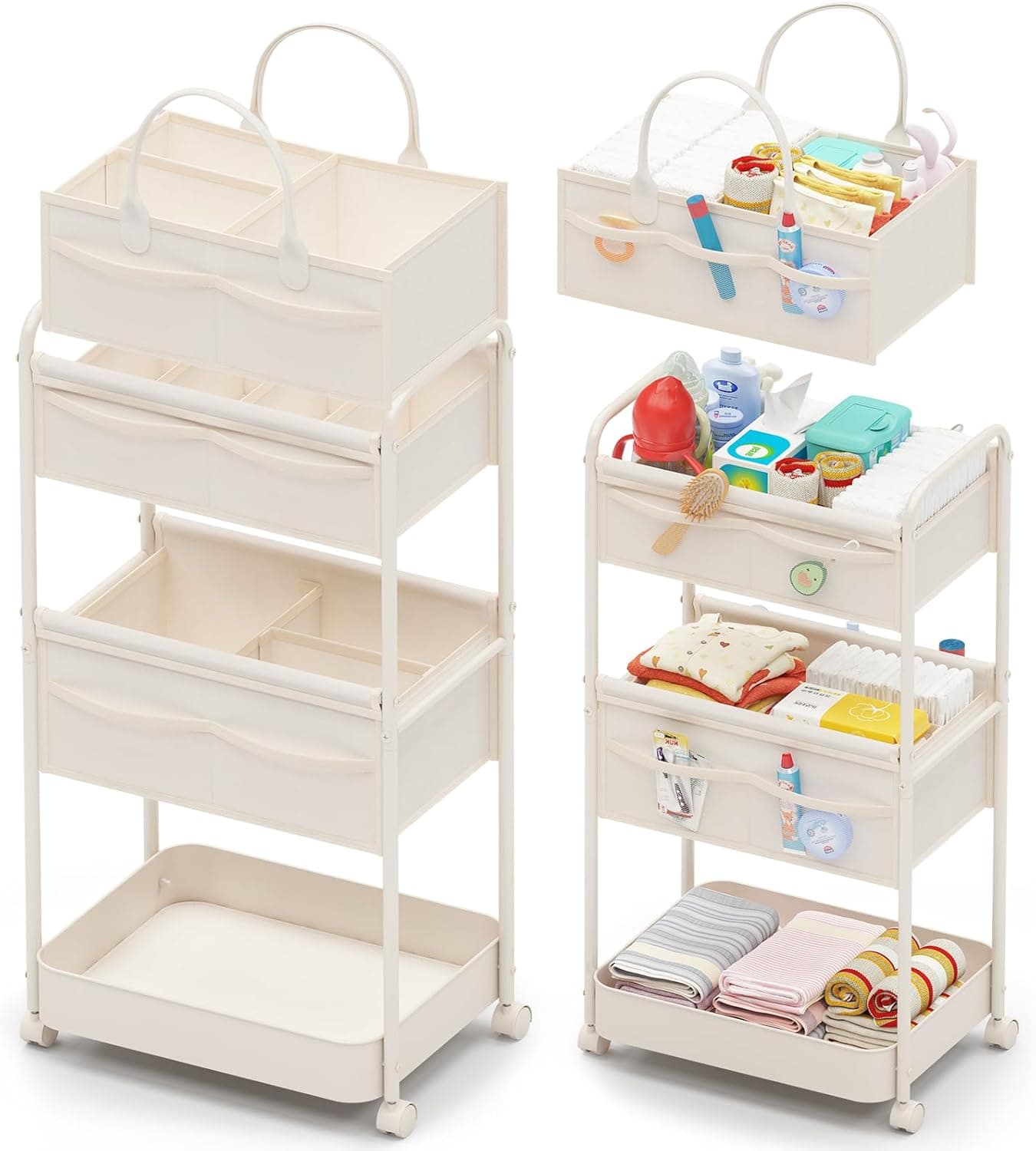 Baby Diaper Caddy, Premium Metal& Felt Movable Cart with Dividers for Newborn Nursery Essentials, Large Capacity Detachable Bedside Cart Organizer for Changing Table &Crib, Easy Assembly- Beige
