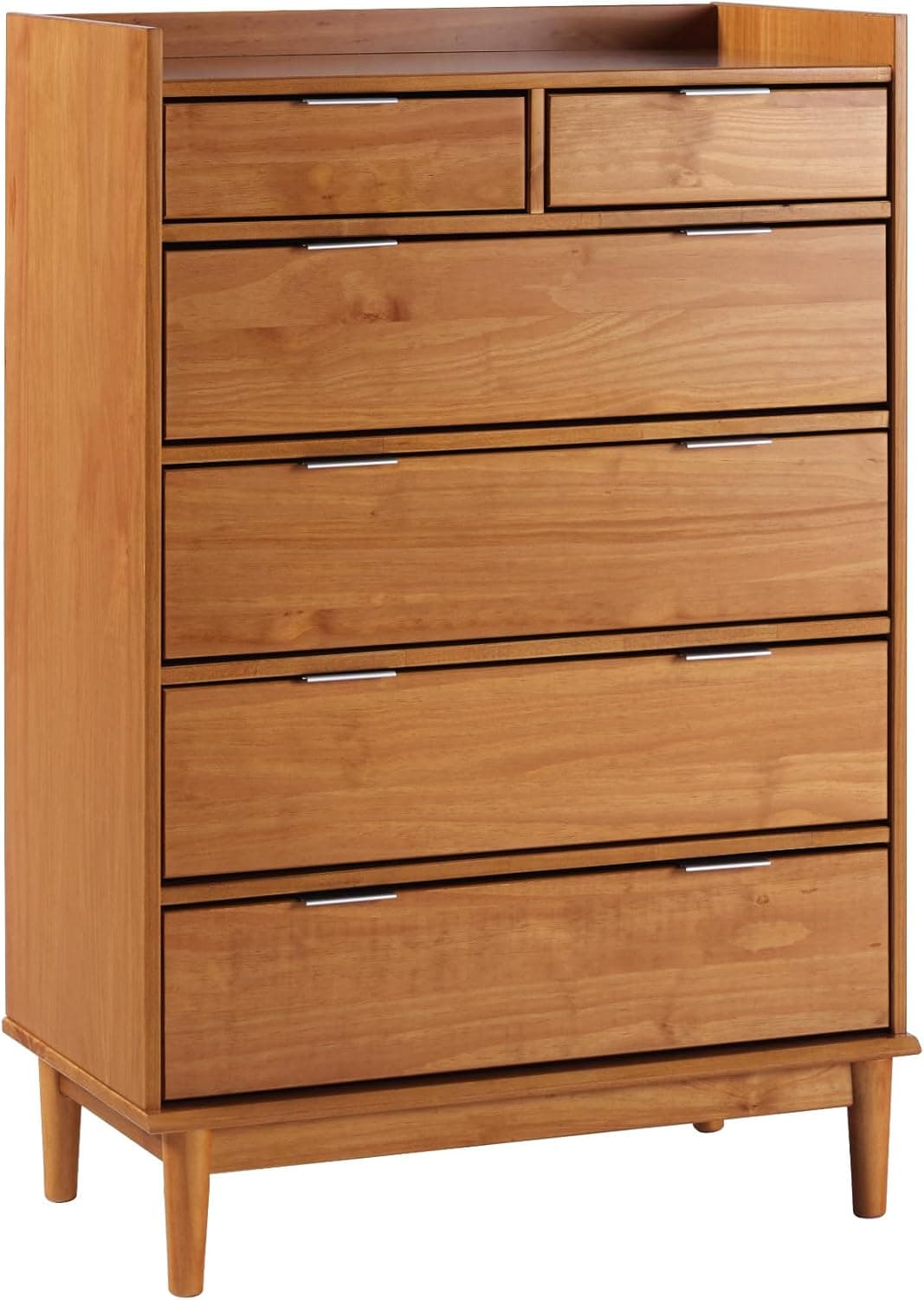 Walker Edison Blythe Mid-Century Modern Tray-Top Solid Wood 6-Drawer Dresser, 30 Inch, Caramel-T