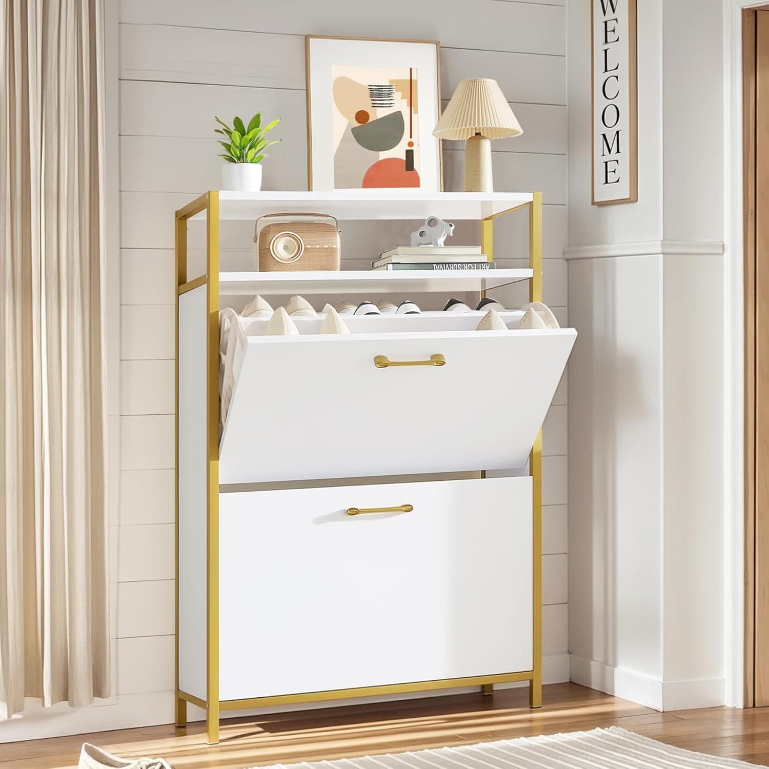 VECELO Shoe Storage Cabinet with 2 Flip Drawers for Entryway, Modern Slim Hidden Freestanding Organizer with Metal Legs for Hallway, Living Room, Large Capacity, Suit for Size to 8, White