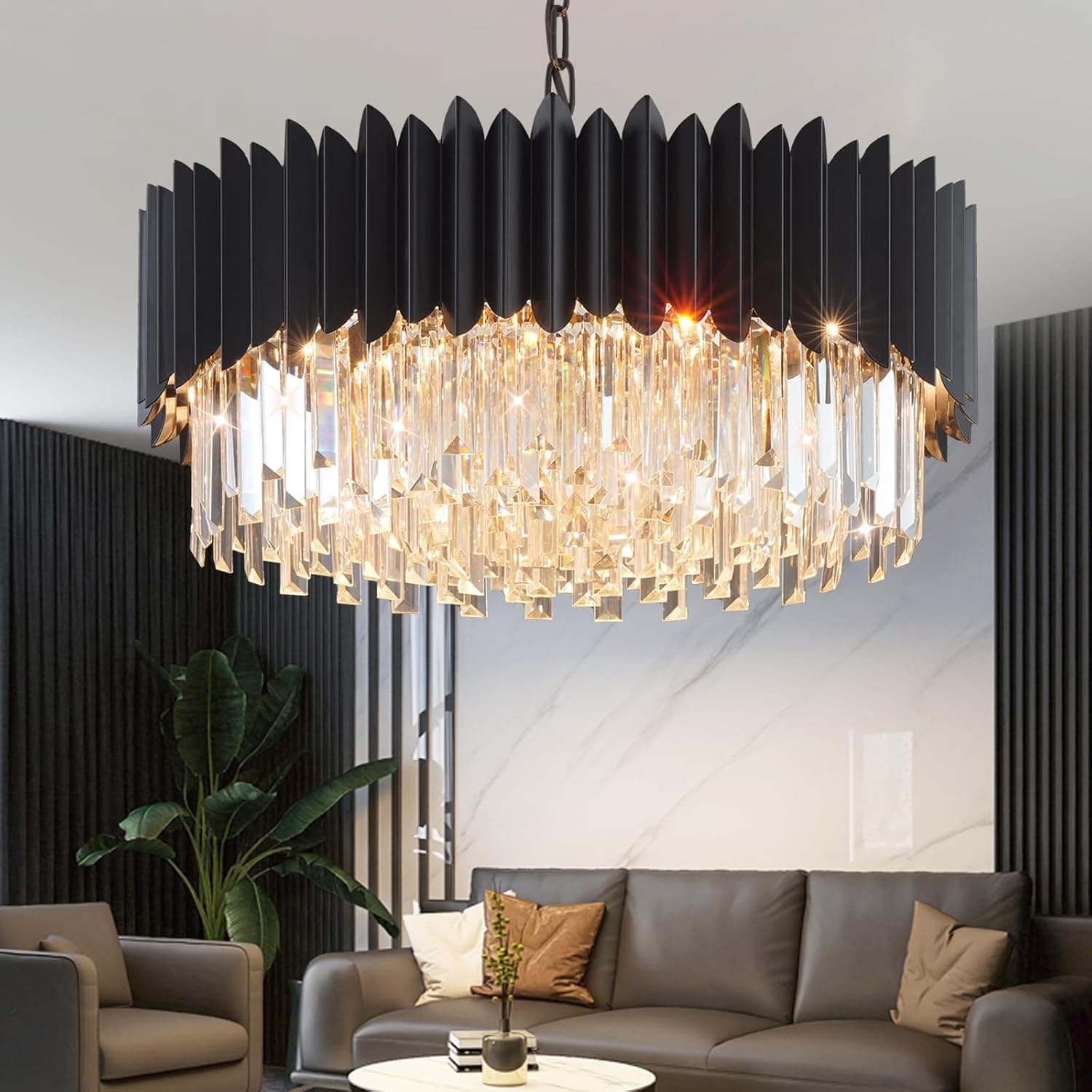 Modern Black Crystal Chandelier 24" Round Chandeliers 8-Lights Ceiling Pendant Light Fixtures 5 Tiers for Living Room Dining Room Bedroom Foyer Entryway