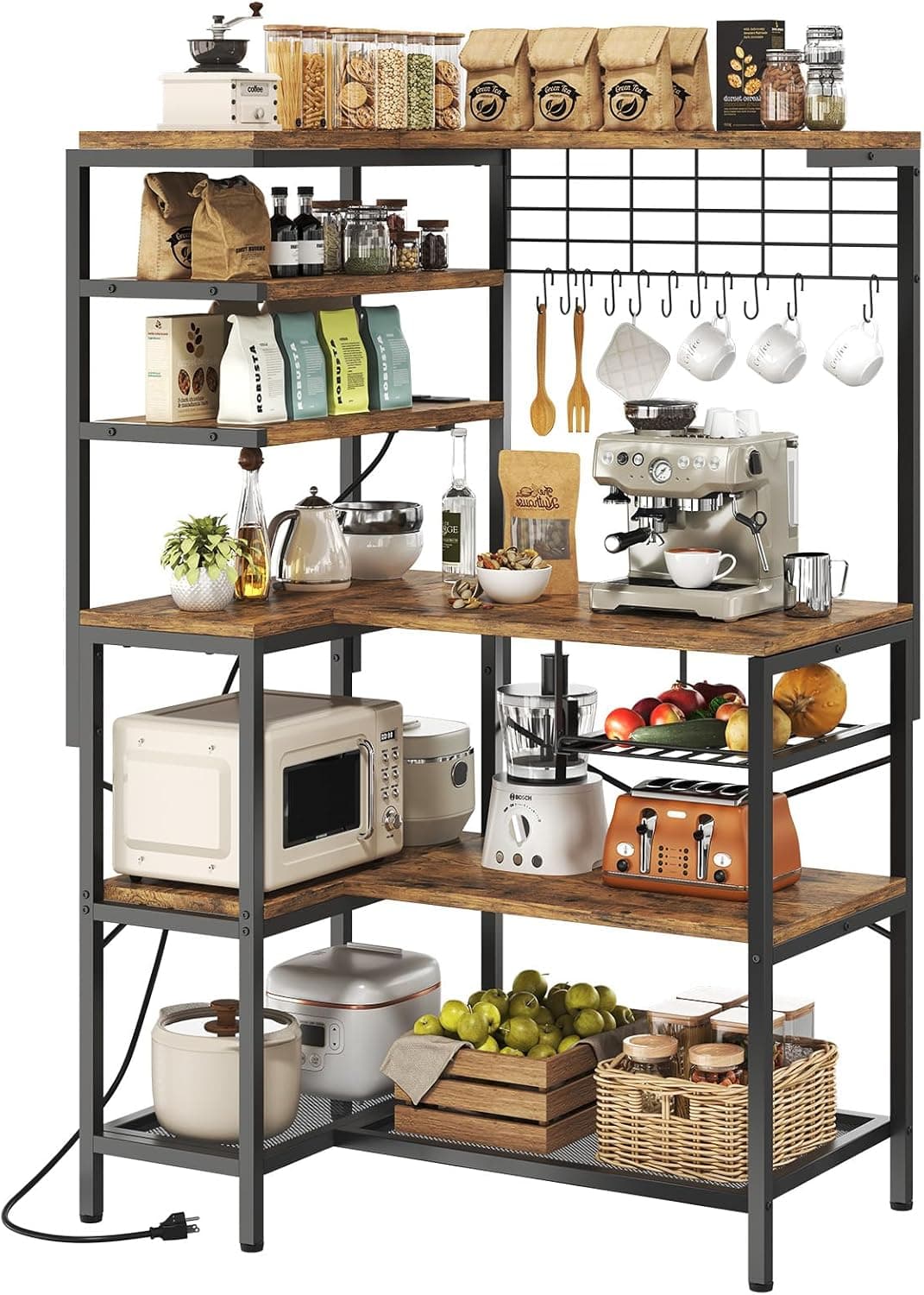 L-Shaped Bakers Rack with Power Outlet, 6-Tier Microwave Stand with Open Storage, Coffee Bar with Hooks, Mesh Grid, Kitchen Shelf with Wire Basket, Rustic Brown and Black