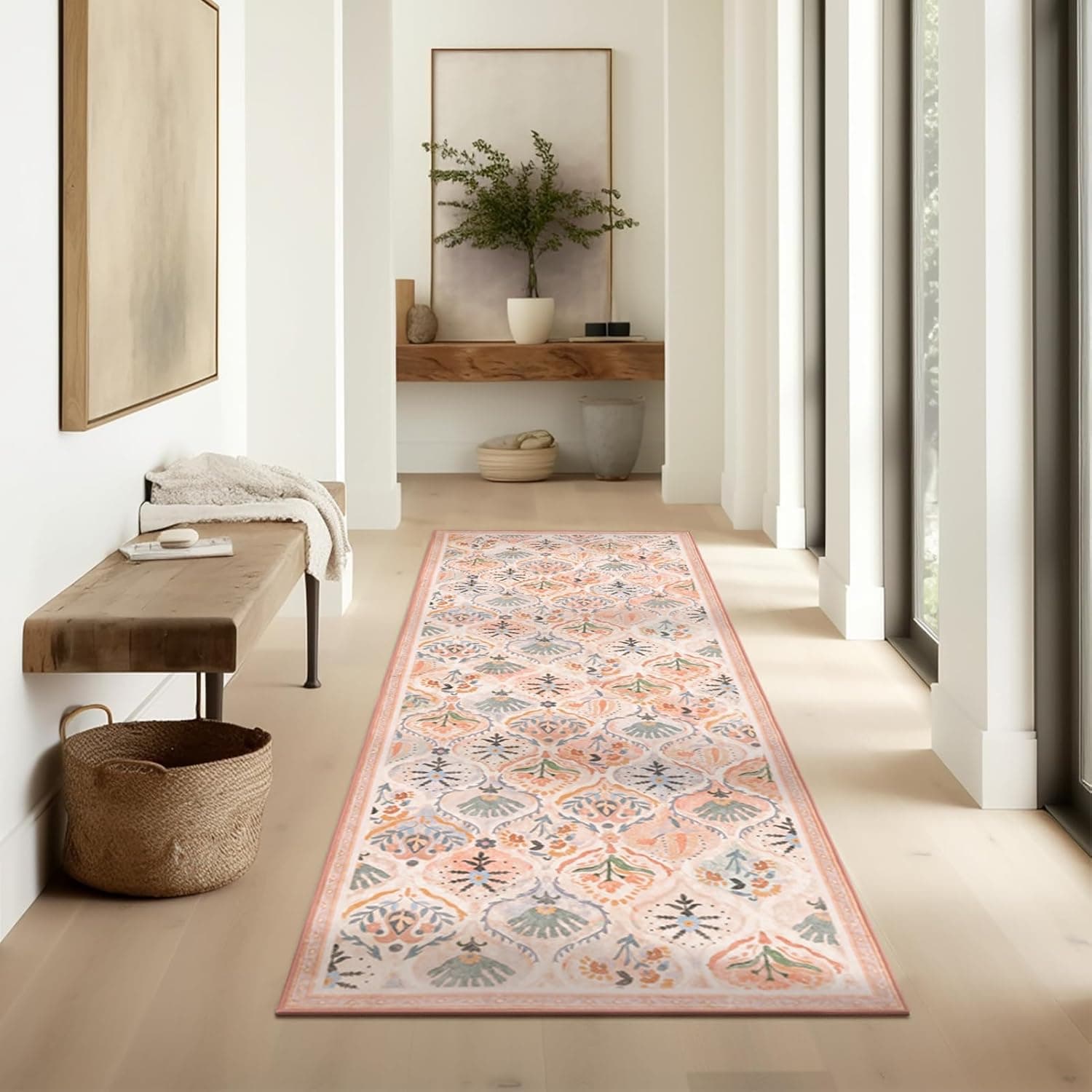 Ashler Runner Rugs 2x10, Floral Hallway Rug, Ultra-Thin Boho Tropical Area Rug, Vintage Long Rugs for Entryway, Kitchen, Flesh Pink/Beige Rug, Moroccan Low-Pile Machine Washable
