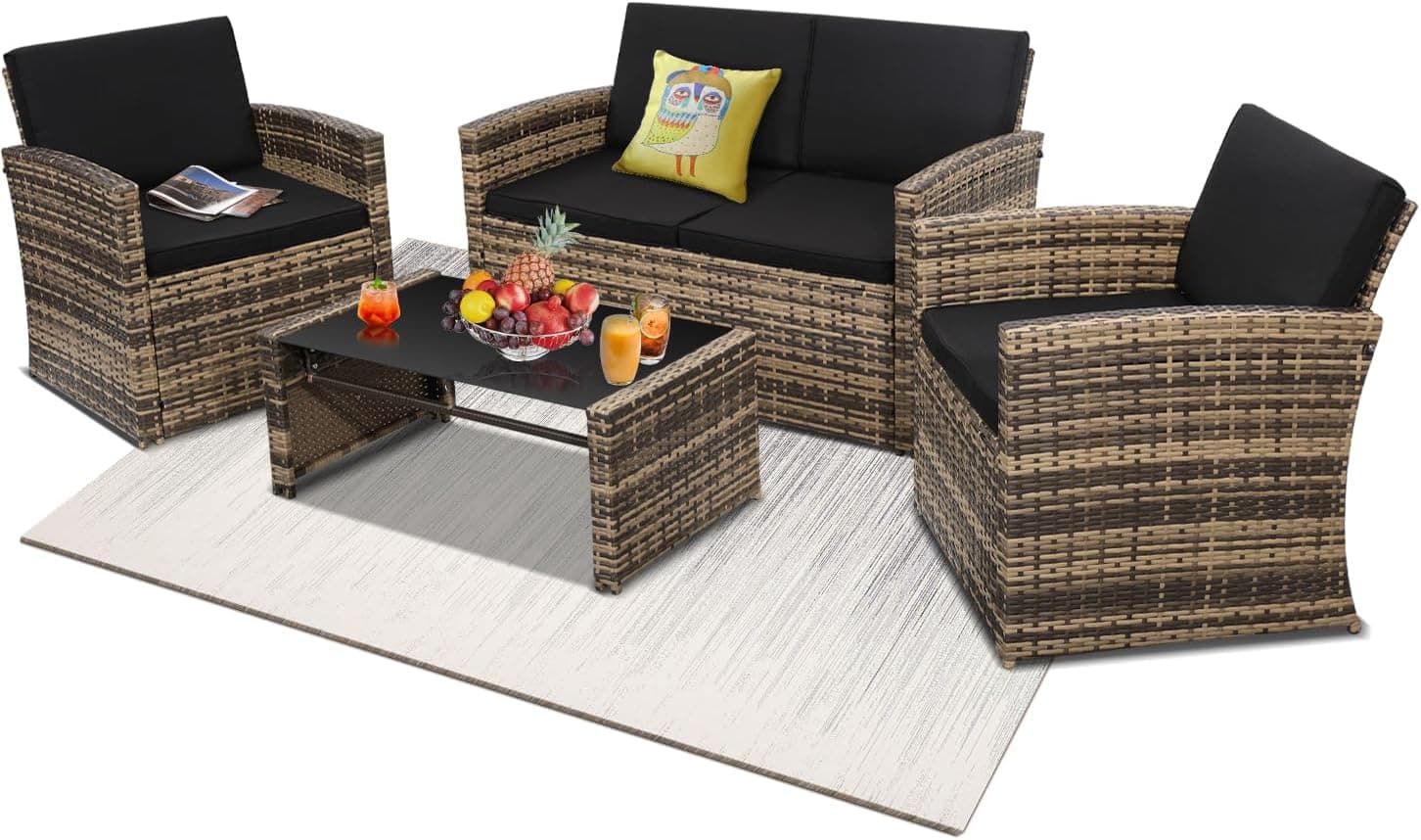 4 Pieces Patio Conversation Set, Outside Rattan Sectional Sofa, Cushioned Furniture Set, Wicker Sofa Ideal for Garden, Porch, Backyard, Natural Color Rattan and Black Cushion