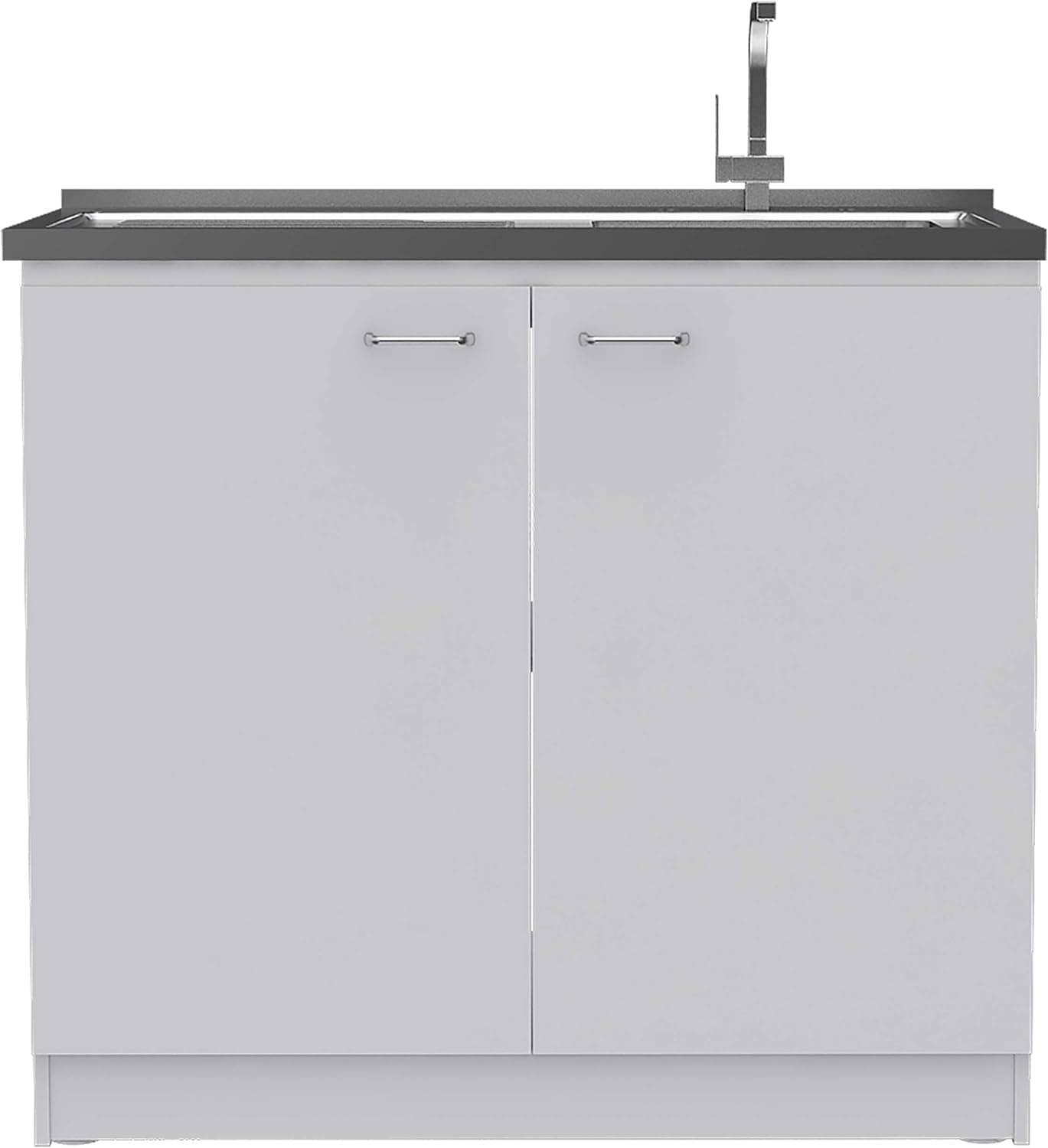 Salento Utility Freestanding Sink with Cabinet 35.4" H x 39.3" W - Double Door, Two Shelves, Metal Handles, Aluminum Countertop, White, with Integrated Steel Sink
