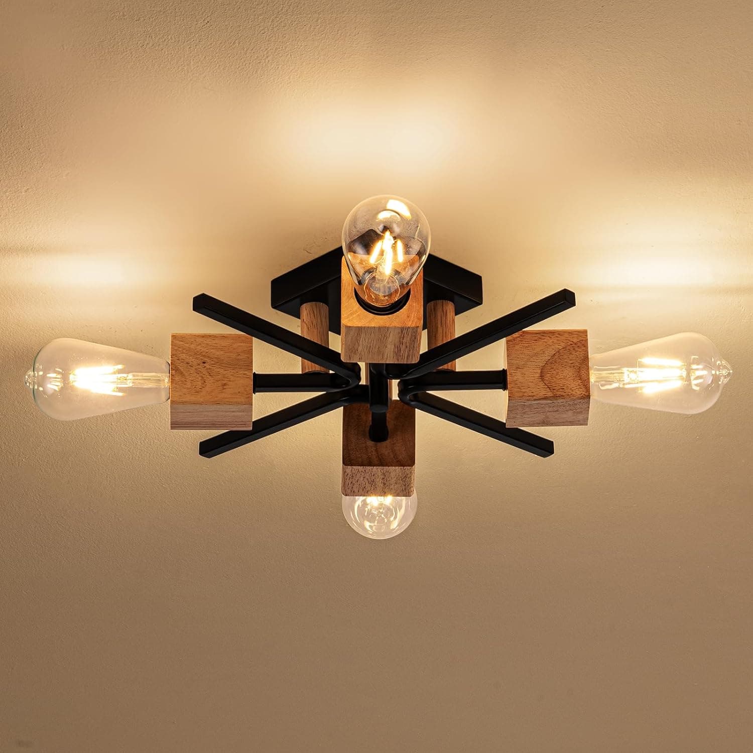 4 Light Sputnik Light Fixture Black Flush Mount Lights Industrial Ceiling Light Wood 22" Modern Farmhouse Ceiling Lights for Kitchen Bedroom Bathroom Foyer Hallway(E26)