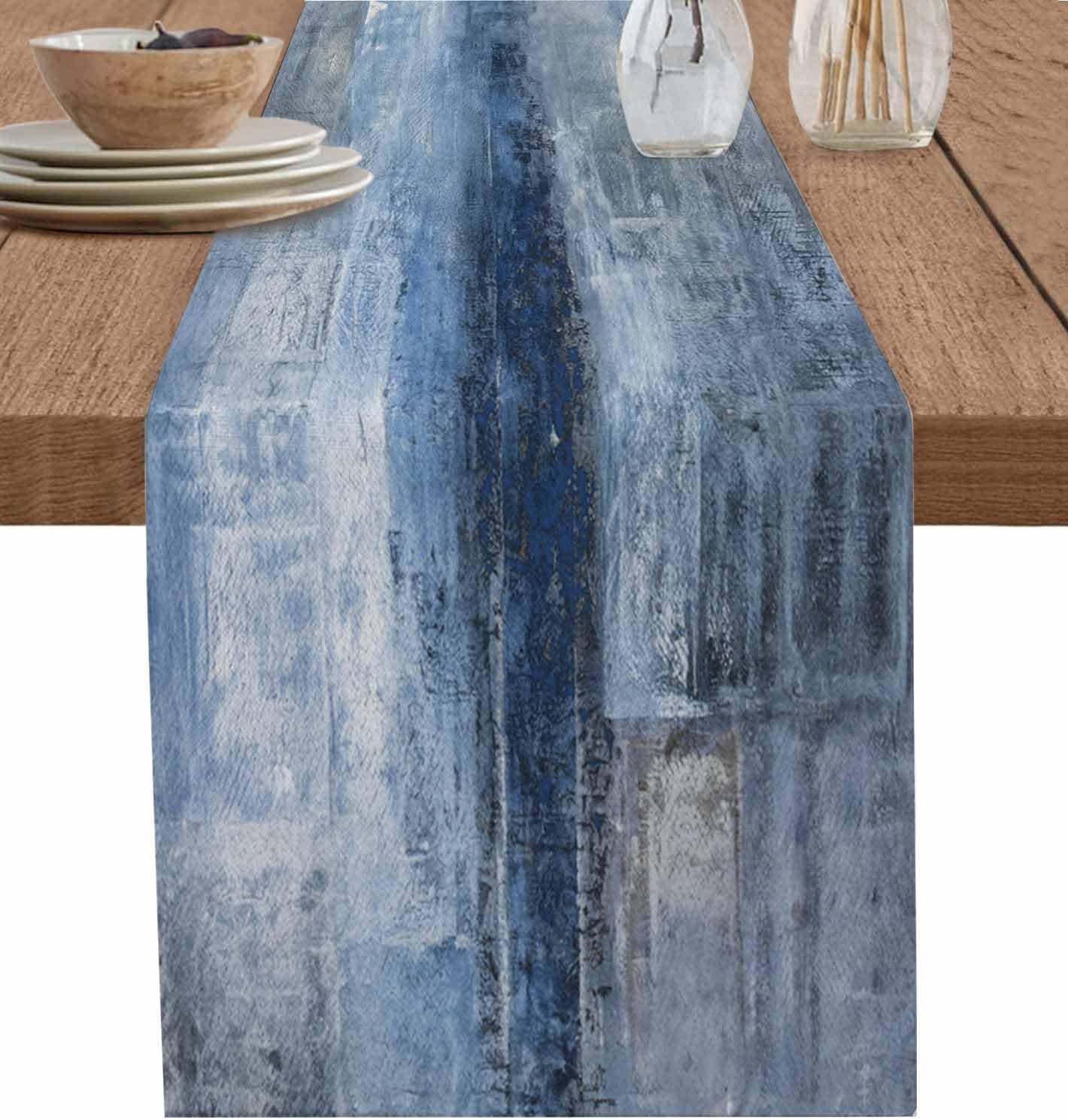 Burlap Linen Table Runner - 72 Inch Long, Retro Rustic Art Abstract Modern Decor Kitchen Dining Table Runner Dresser Scarves, Blue Ombre Painting Farmhouse Decor for Coffee Table Wedding Party Banquet