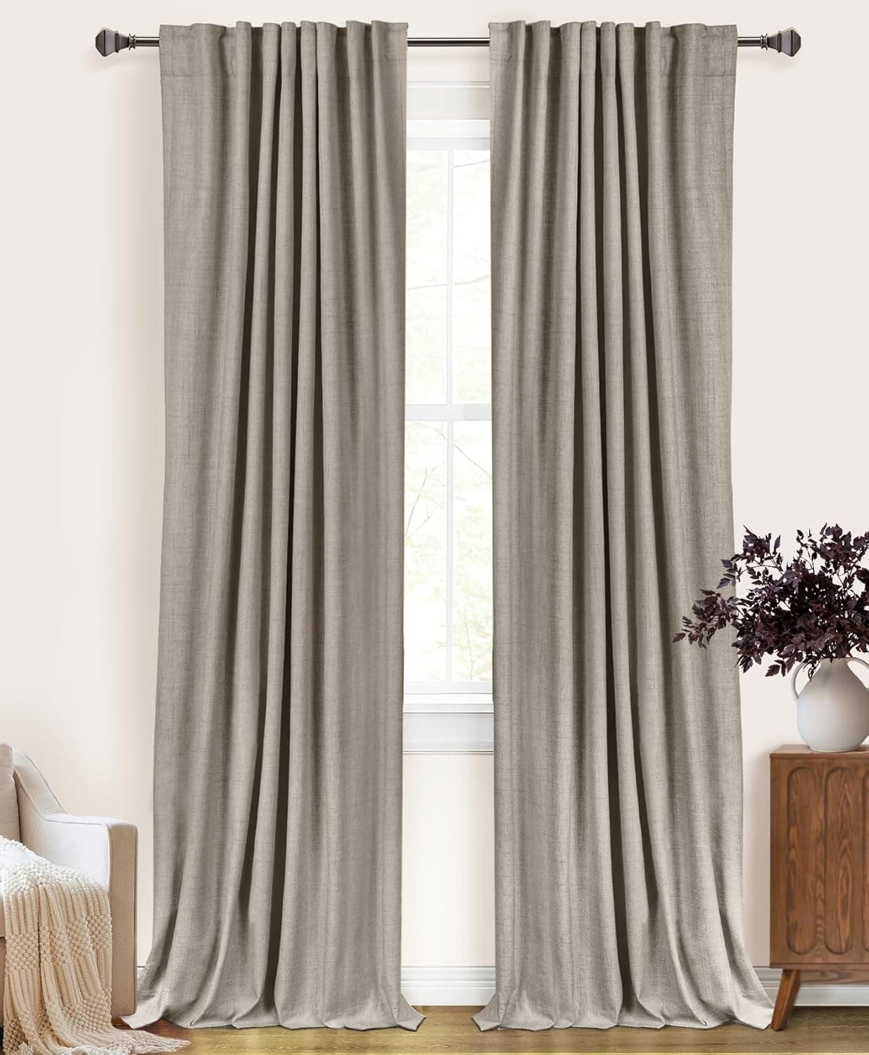 100% Blackout Shield Linen Blackout Curtains for Bedroom 84 Inches Long, Back Tab/Rod Pocket Living Room Drapes, Thermal Insulated Blackout Curtains 2 Panels Set, 50" W x 84" L, Faux Linen