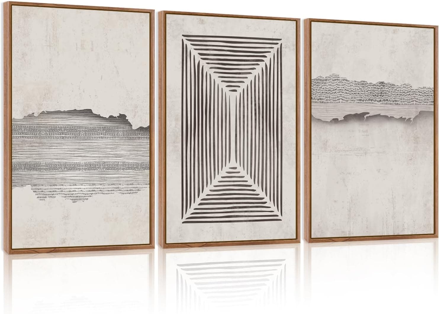 CHDITB Modern Abstract Canvas Art Prints, Set of 3 Neutral Framed Wall Art, Geometric Line Textured Minimalist Decor for Living Room - Large Size 24"x36"