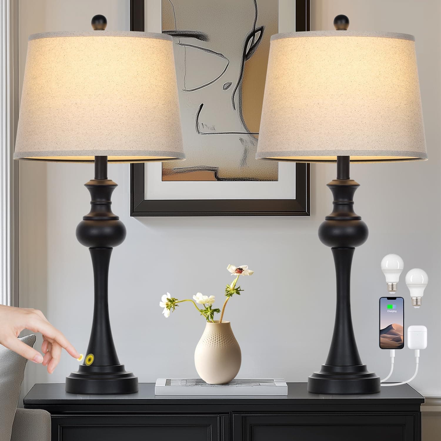 28.75" 3-Way Touch Control Modern Table Lamp Set of 2 for Living Room, Bedside Lamp with USB A+C Ports, Mid Century Black Table Lamps, Nightstand Lamps Set,Beige Fabric Shade Vintage Accent Style