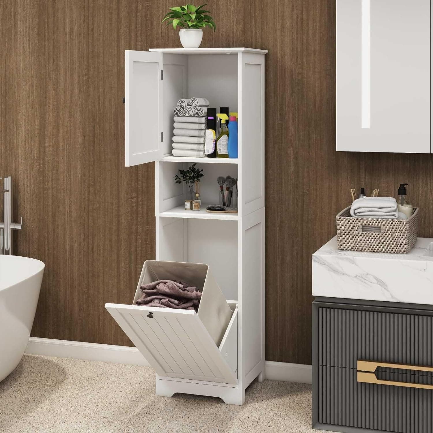 Tall Laundry Hamper Cabinet with Tilt Out Drawer and Removable Basket, Wood Bathroom Storage Cabinet, 13.77" D x 15.74" W x 55.11" H, White