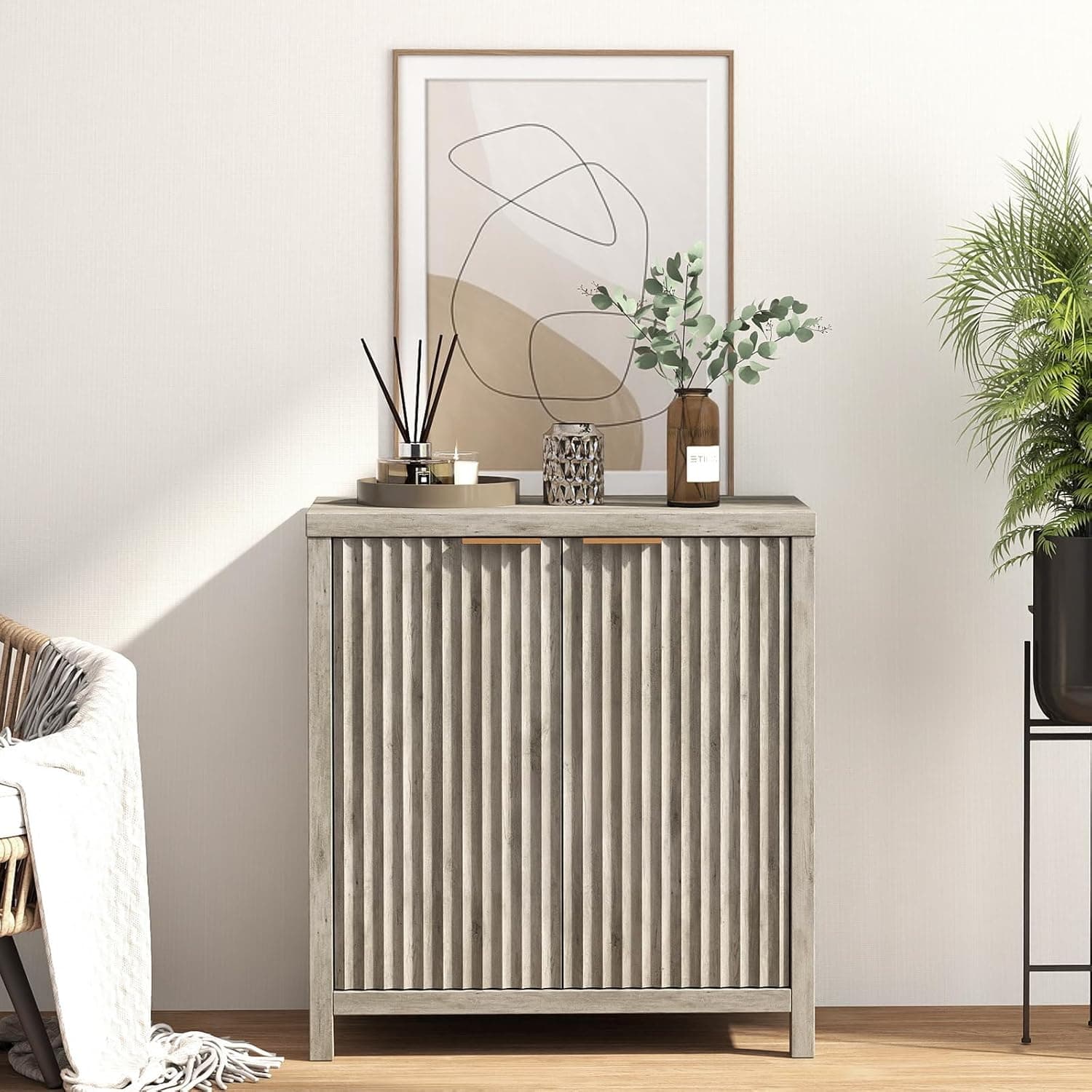 Walsham Fluted Sideboard Buffet Cabinet with Storage, 2 Door Wood Credenza Modern Accent Cabinet with Adjustable Shelves, Console Table with Storage for Living Room, Kitchen, Entryway (Grey Oak)