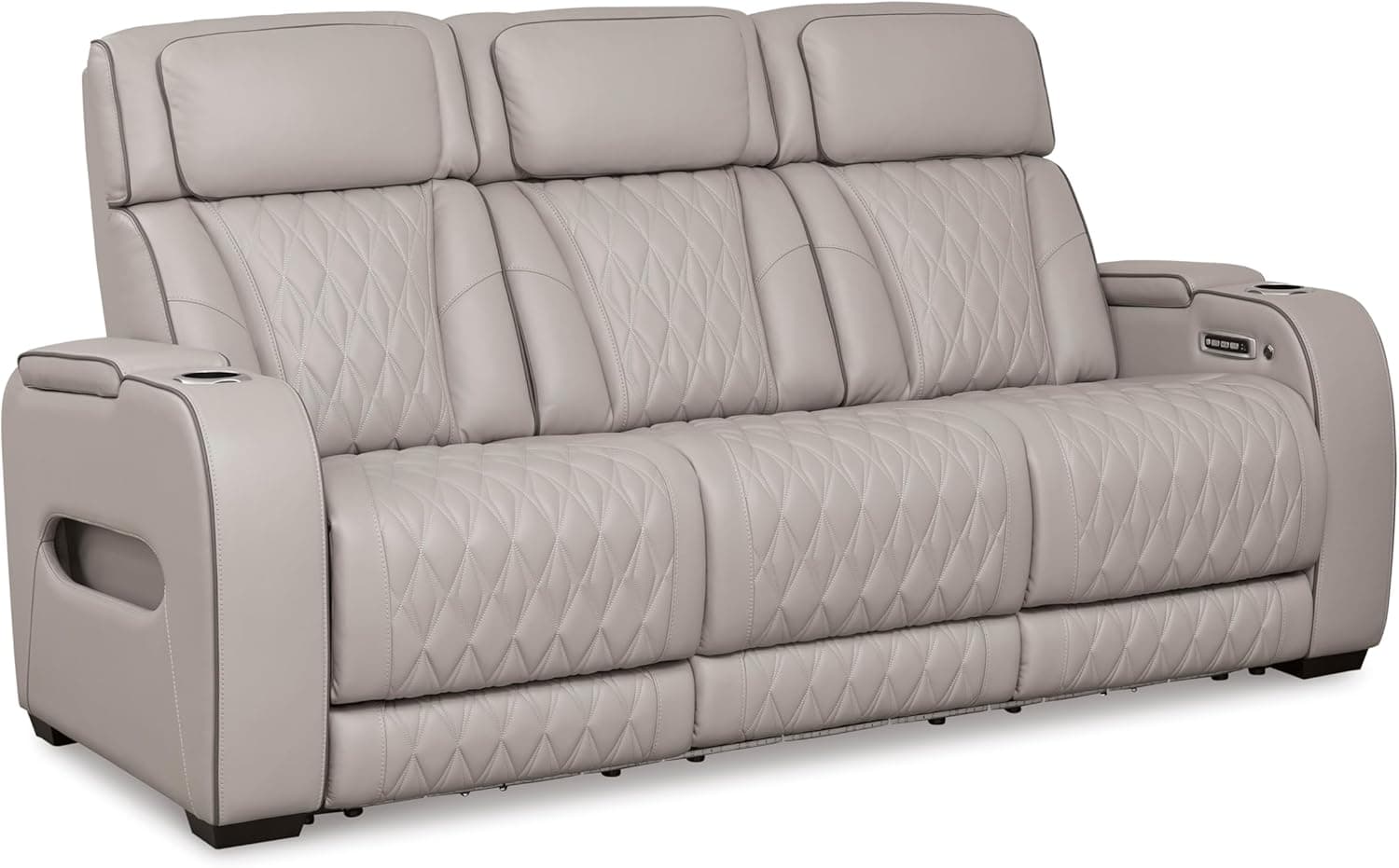 Signature Design by Ashley Boyington Contemporary Leather Match Power Reclining Sofa with USB Charging Ports, LED Lights and Adjustable Headrest, Light Gray