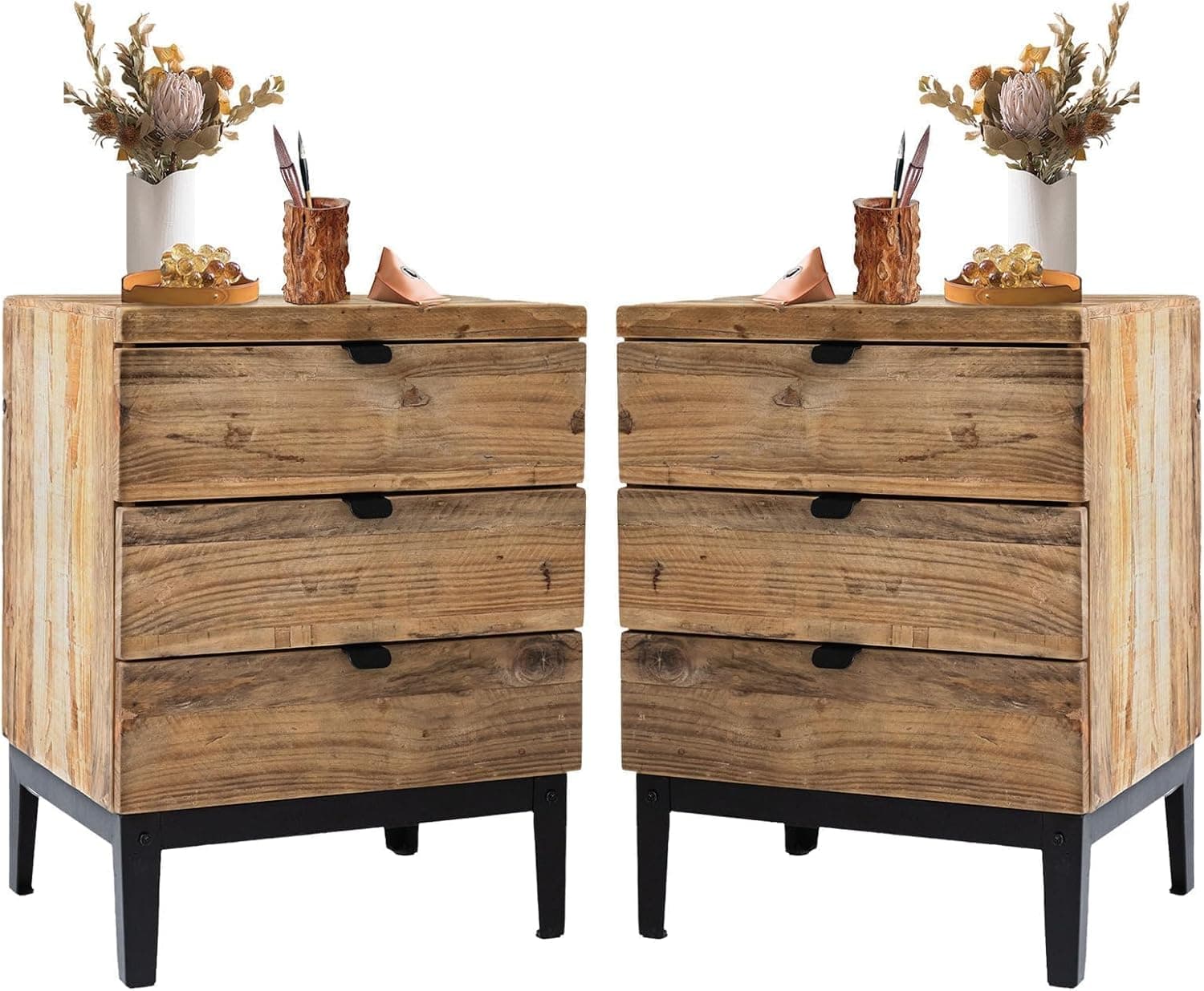 Wnutrees Farmhouse Nightstand Wood Bedside Table with 3-Drawers Bedside End Tables Storage for Living Room, Hallway, Handmade Distressed, Natural, Set of 2