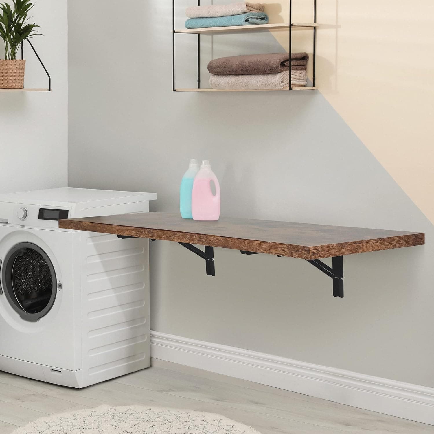Houseables Wall Mounted Desk, Murphy Desk, Wall Mounted Folding Table, Laundry Folding Table, Fold Down Work Bench, Foldable Mount Station, Floating Bar, Hanging, Dining, Kitchen, Clothes, 48x16 Brown