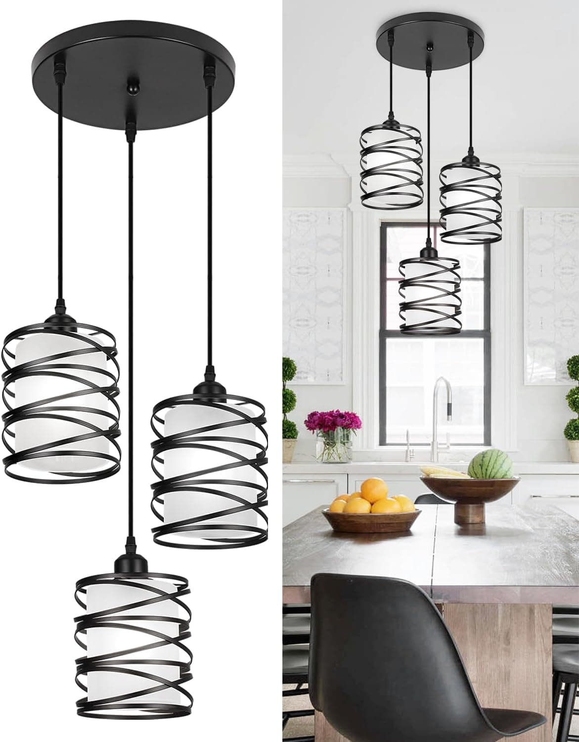 Black Pendant Lights for Kitchen Island 3-Light Pendant Light Fixtures with Frosted Glass Shades, Spiral Iron Kitchen Island Lighting Adjustable Pendant Lighting for Dining Room, Kitchen