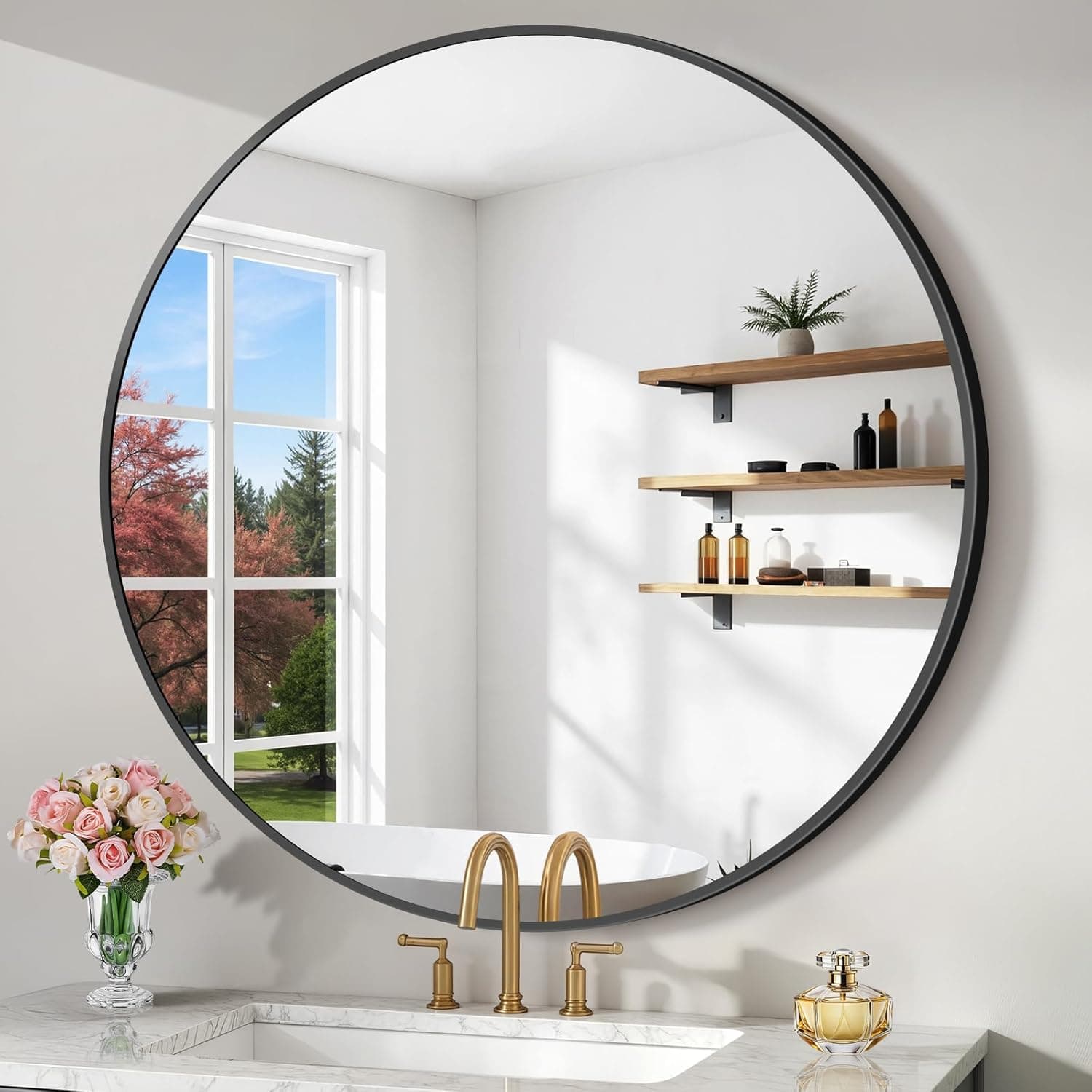 Koonmi 36" Black Circle Mirror Wall Mounted Round Mirror with Metal Frame for Bathroom/Living Room/Vanity/Bedroom