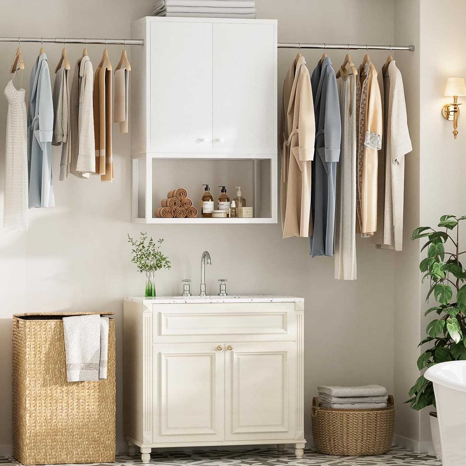 Homieasy Wall Cabinet with 2 Hanging Rods, 67'' Wide Laundry Wall Cabinet with 2 Doors, Open Rack & Adjustable Inner Shelf, Storage Cabinet Wall Mounted for Laundry & Bathroom, White