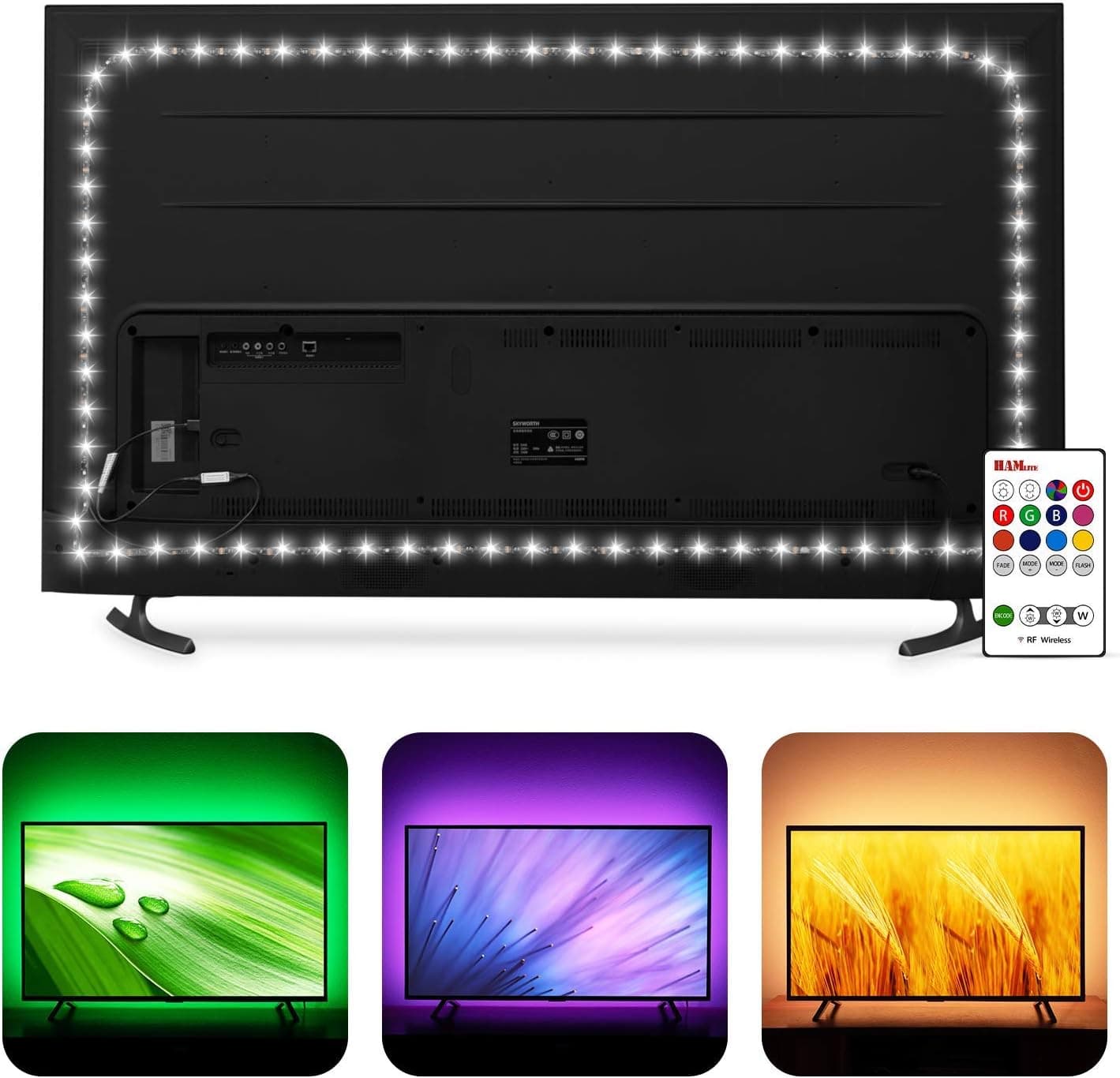 HAMLITE TV LED Backlight USB Powered, 6500K White PC Monitor Bias Lighting for 60-65inch TVs, 14.8Ft RGBW Led Light with RF Remote, 20 Color Changing LED Background Room Decor