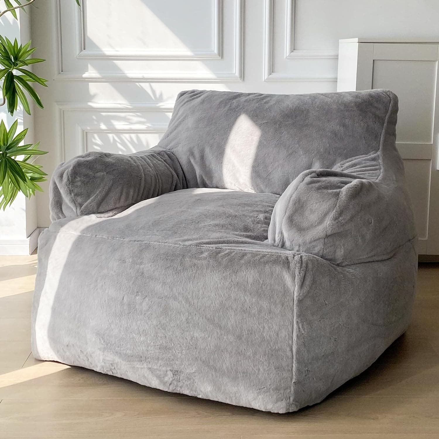 MAXYOYO Giant Bean Bag Chair, Faux Fur Stuffed Bean Bag Couch with Filler Large Living Room Bean Bag Chair for Adults, Big Lazy Sofa Accent Chair with Pocket Floor Chair for Gaming, Reading, Grey