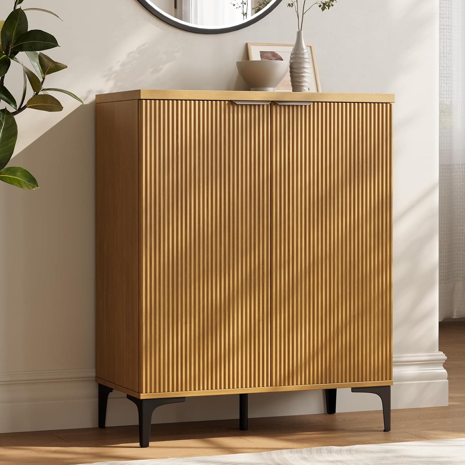 Fluted Sideboard Buffet Cabinet, 2 Doors Side Board Storage Cabinet, Buffet Cabinet with Line Groove Design,Side Board with Metal Legs and Handle, Buffet for Entryway, Natural Wood