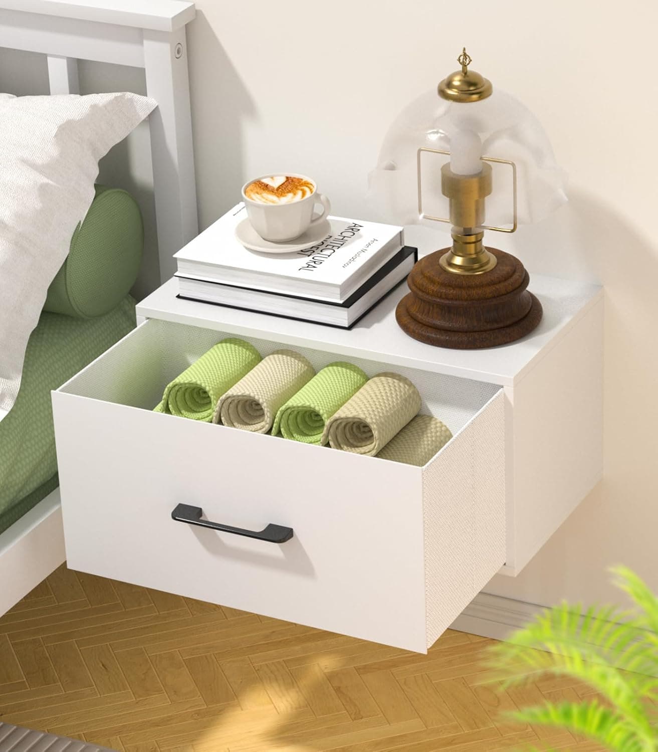 Adowes Floating Nightstand Shelf with Drawer, Wall Mounted Nightstand, Floating Drawer for Wall, Small Nightstand with Drawer, Floating Bedside Shelf for Bedroom, White