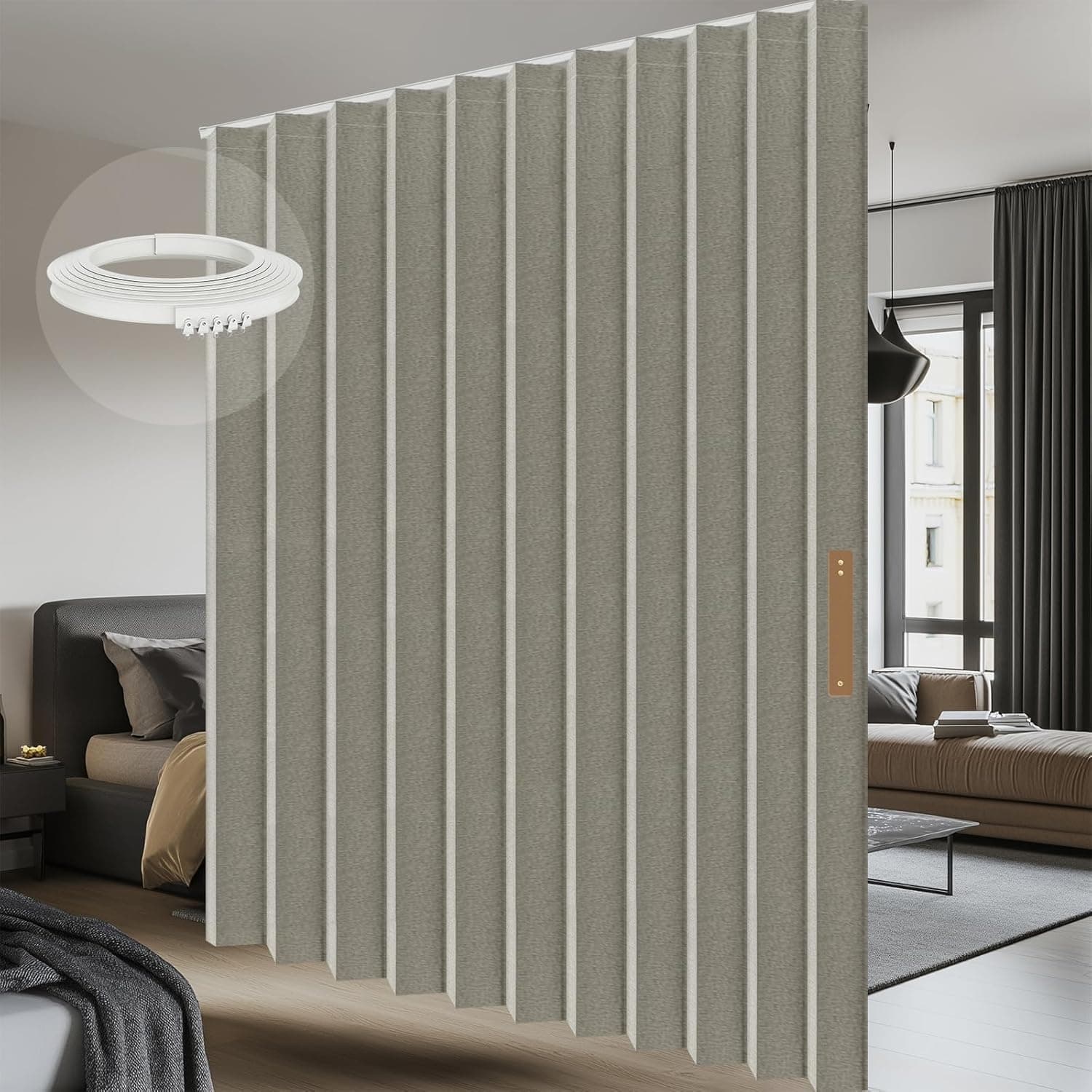 AJAZZ 100% Blackout Accordion Room Divider Curtains - with Flexible Ceiling Track Total Privacy Sound Proof Curtains Suitable for Bedroom Patio Sliding Door(Grey, W100 x L84, 1 Pack)