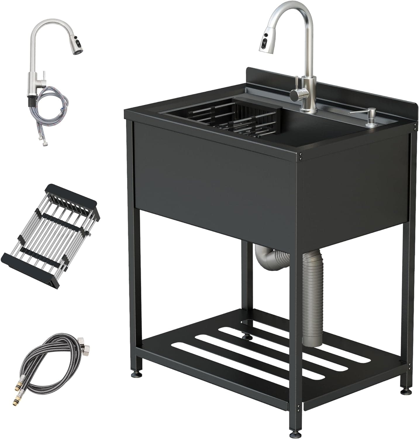 Stainless Steel Utility Sink, 30.8" × 22" × 39.5"Freestanding Sink with Cold and Hot Water Faucet,Hoses and Drain Kit for Kitchens, Bathrooms, Garage, Laundry Room