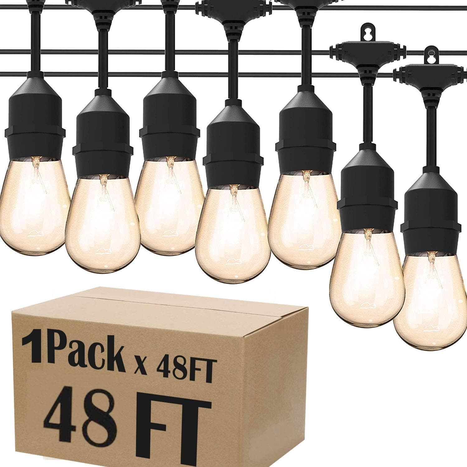 Magictec LED Shatterproof String Lights Commercial Grade with 15 Hanging Sockets 48 Ft Black Outdoor Weatherproof Cord Strand for Patio Garden Porch Backyard Bistro Gazebo Party Deck Yard