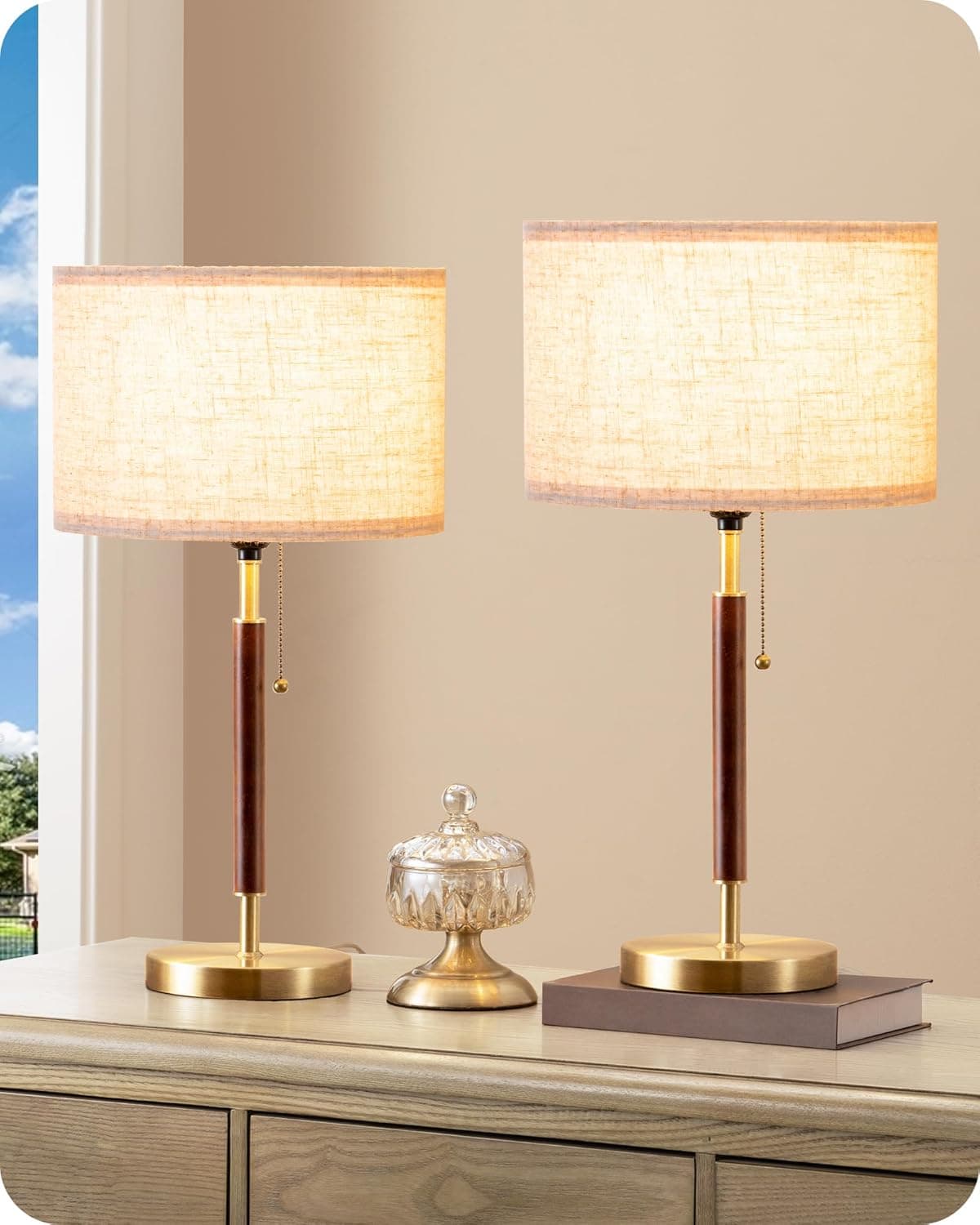 EDISHINE Mid Century Table Lamp Set of 2, Pull Chain Switch Bedside Lamp, Linen Shade, Solid Wood Pole & Bronze Brushed Metal Base, Modern Nightstand Lamp for Bedroom, Living Room, Office, E26 Base