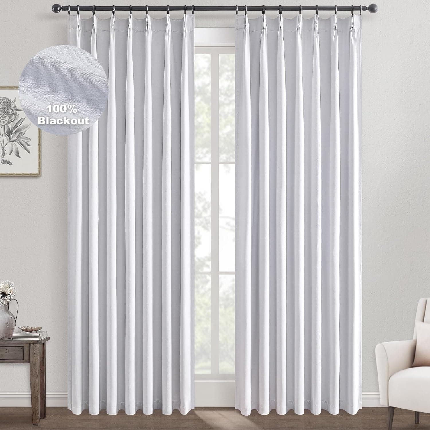 Topfinel 120 Inches Long Extra Long White Linen Curtains for Living Room,100 Percent Blackout Floor to Ceiling Pinched Pleated Boho Insulating Drapes 2 Panels for Track System,10 FT Bay Window