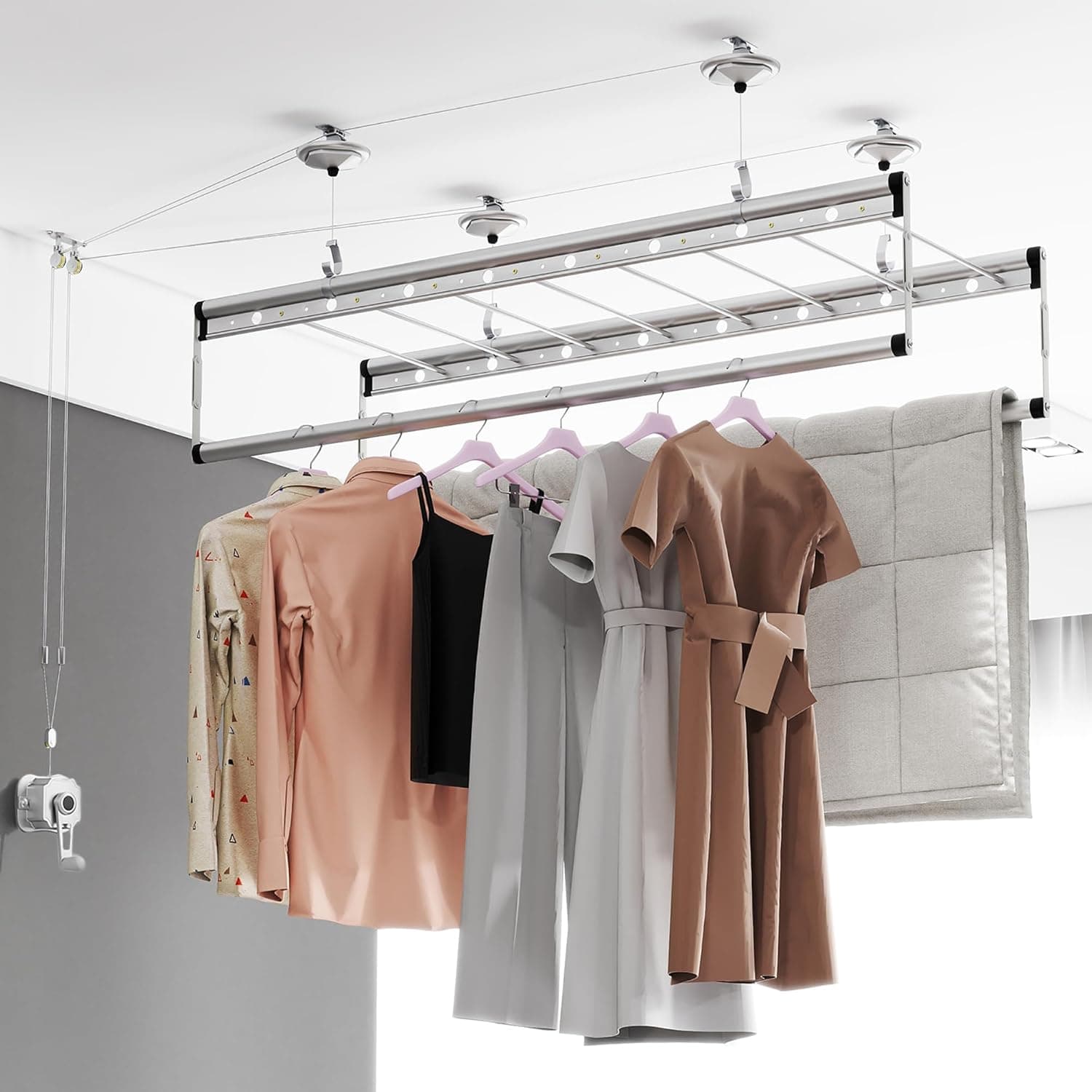 lesolar Ceiling Mounted Clothes Drying Rack, Height Adjustable Clothes Airer Pulley Drying Rack, Vertical Folding Laundry Drying Rod