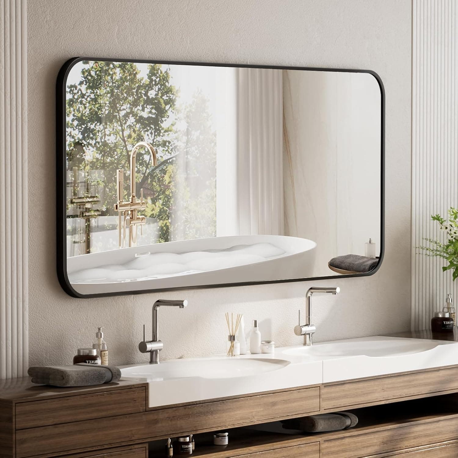 BEAUTYPEAK Black Rectangular Bathroom Mirror - 30" x 40" Wall Mounted Aluminum Alloy Frame Mirror with Rounded Corners for Bedroom Living Room, Horizontal or Vertical