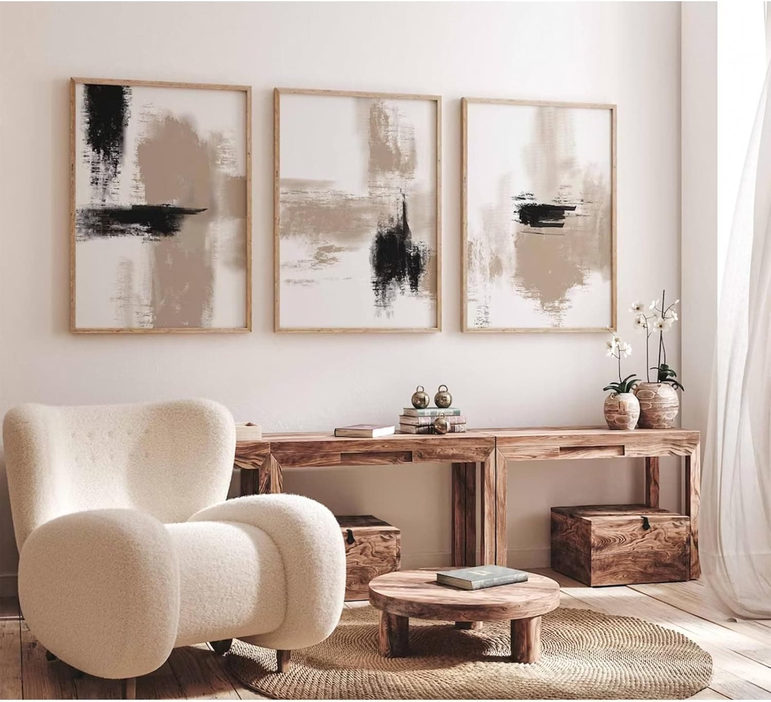 Joocrise Beige Abstract Wall Art Painting Set of 3 Neutral Canvas Wall Art Prints Black Beige Modern Wall Decor Minimalist Art Pictures Abstract Modern Artwork for Room Bedroom 24x36 Inch Unframed