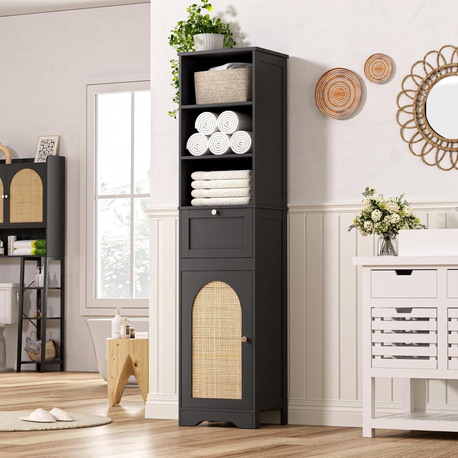 67"H Bathroom Storage Cabinet with Rattan Doors and Slide Storage, Tall Narrow Standing Tower Cabinet with Adjustable Shelves, Small Bathroom Floor Organizer for Entryway, Kitchen, Black