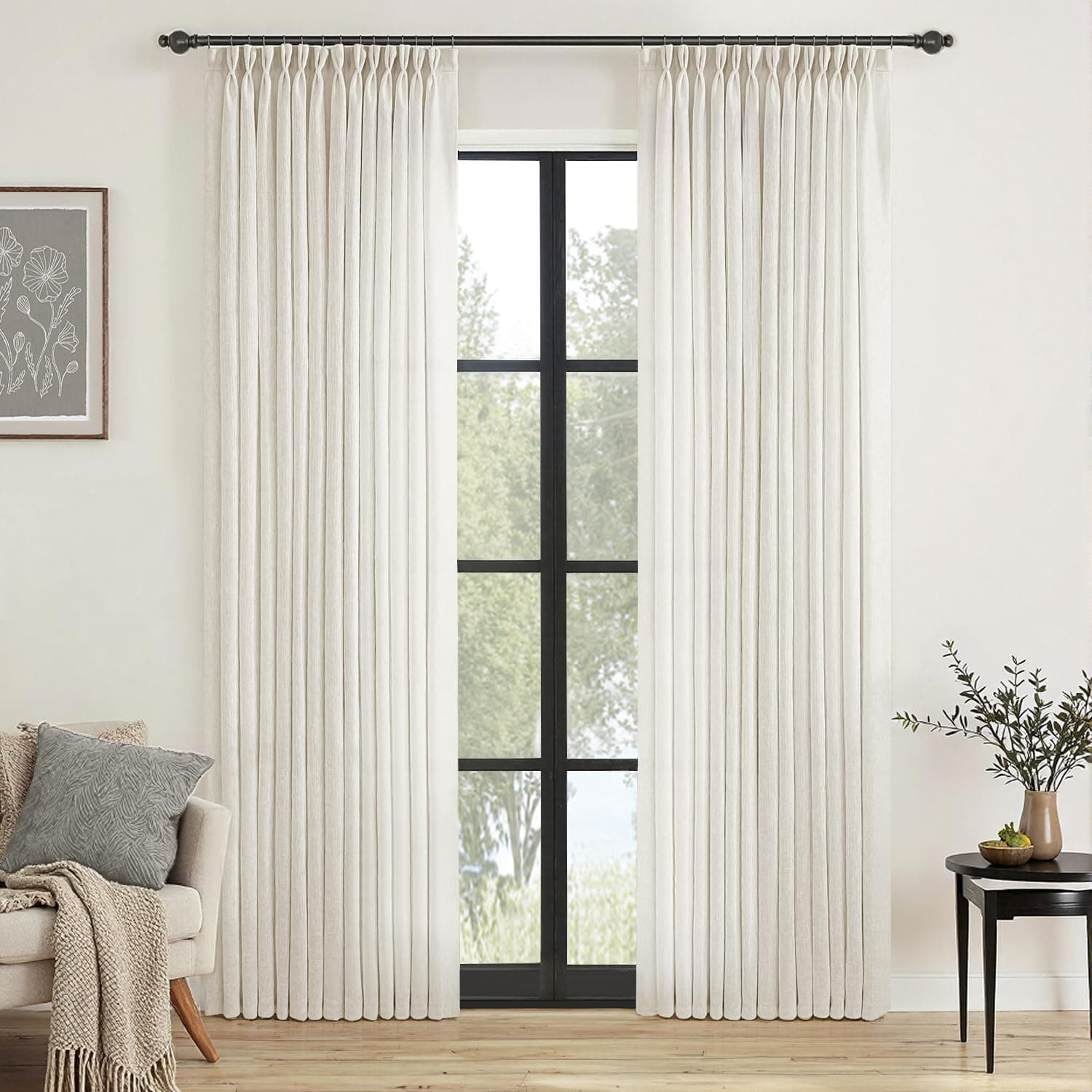 MIULEE 96 Inches Long Pinch Pleated Natural Linen Curtains 2 Panels Set for Bedroom Living Room, Viral Pleat Semi Sheer Drapes Light Filtering Textured Sheer Curtains with Hooks Floor to Ceiling